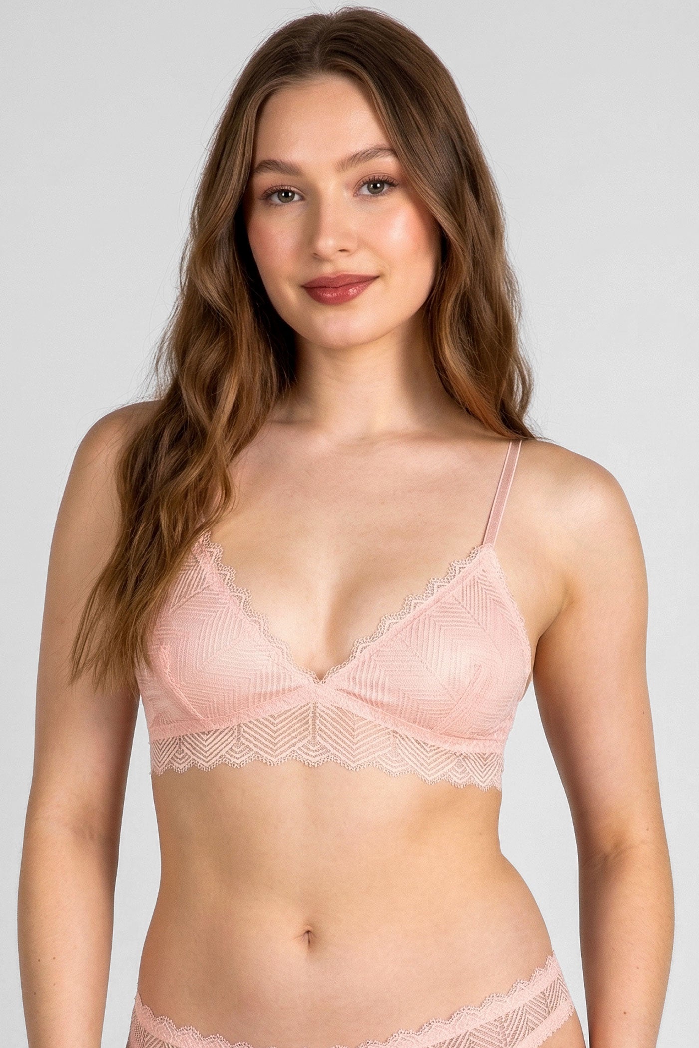 Faye pink lace bralette with silk lining and geometric details