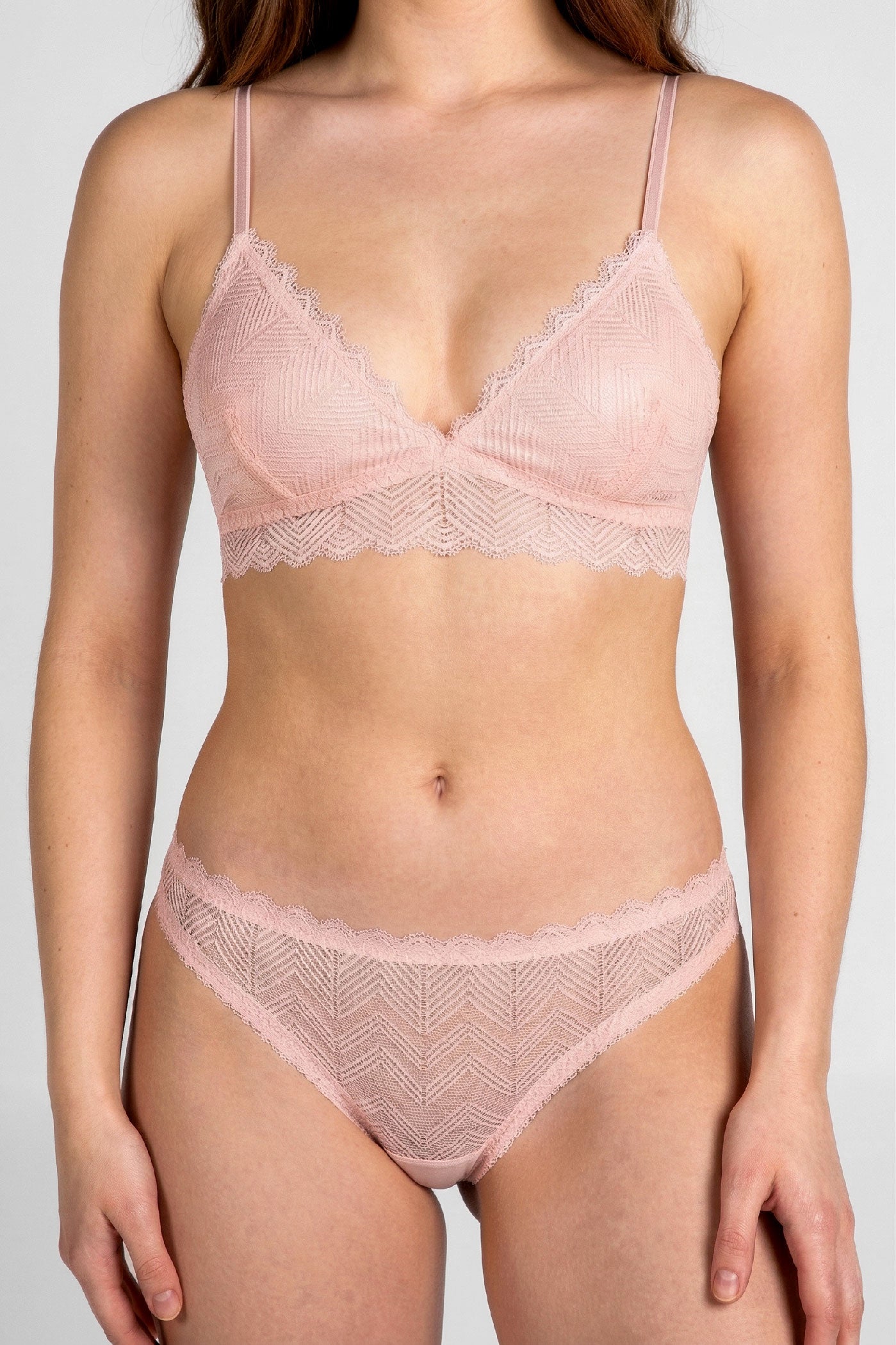 Luxury lace bralette and panty set in light pink with zigzag geometric sheer lace