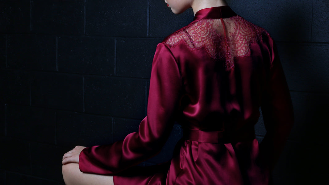 Luxury silk robe in burgundy red with french lace yoke insets