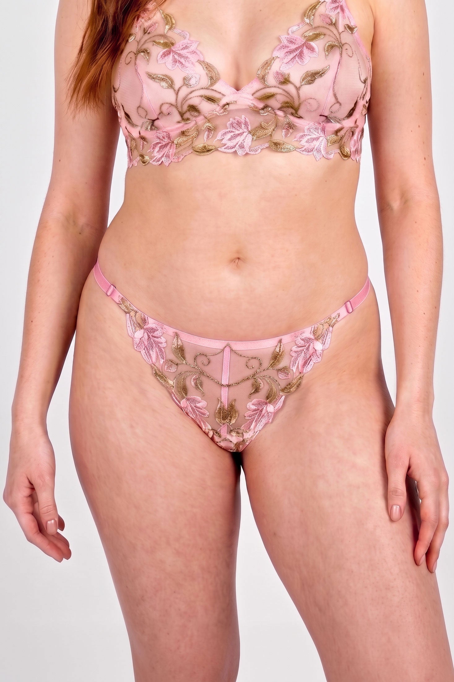 Floral embroidered panties with pink adjustable elastic waistband