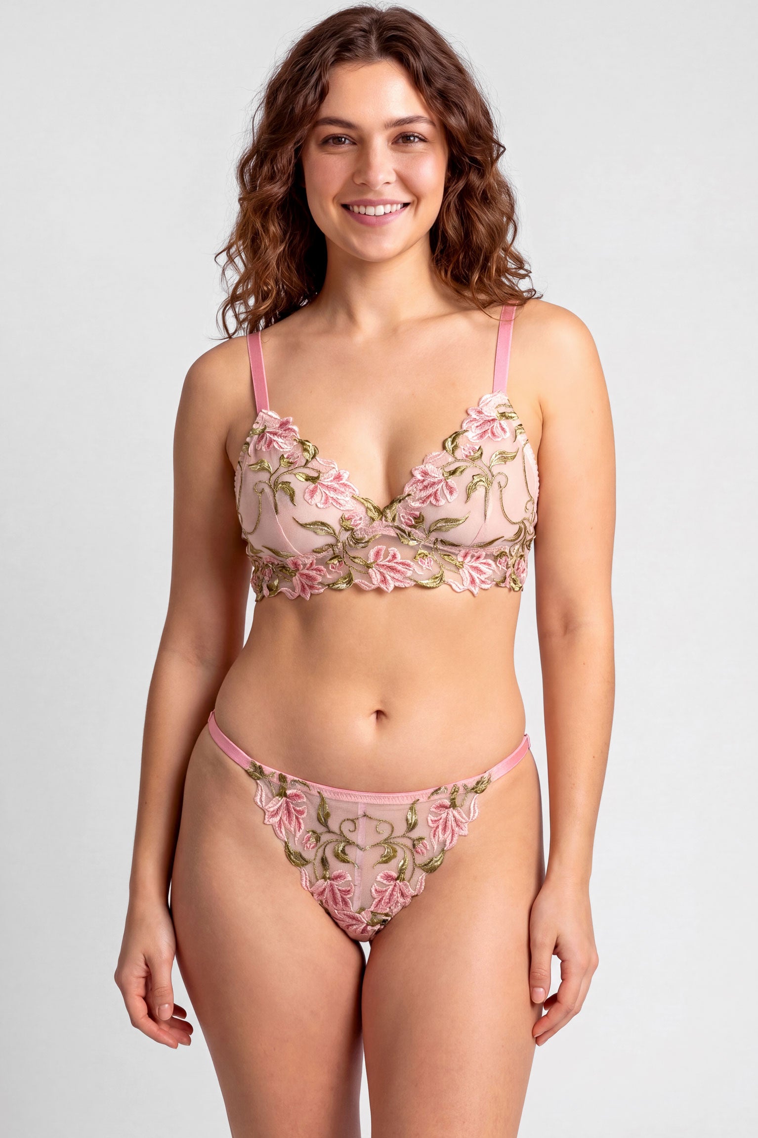 Pink lingerie set with flower embroidery and real pure silk linings