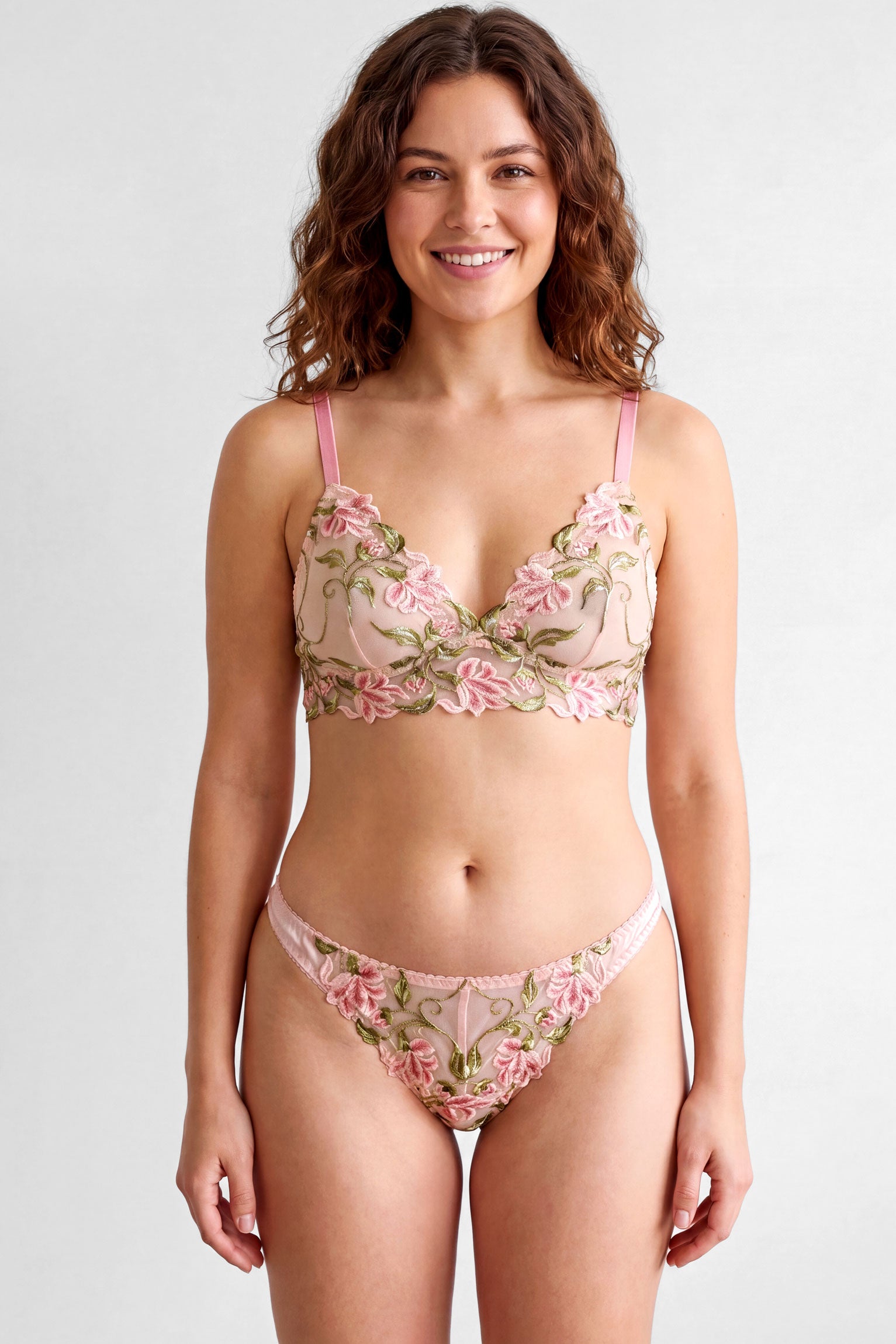 Pink embroidered longline bralette and low-rise thong panties in silk and lace