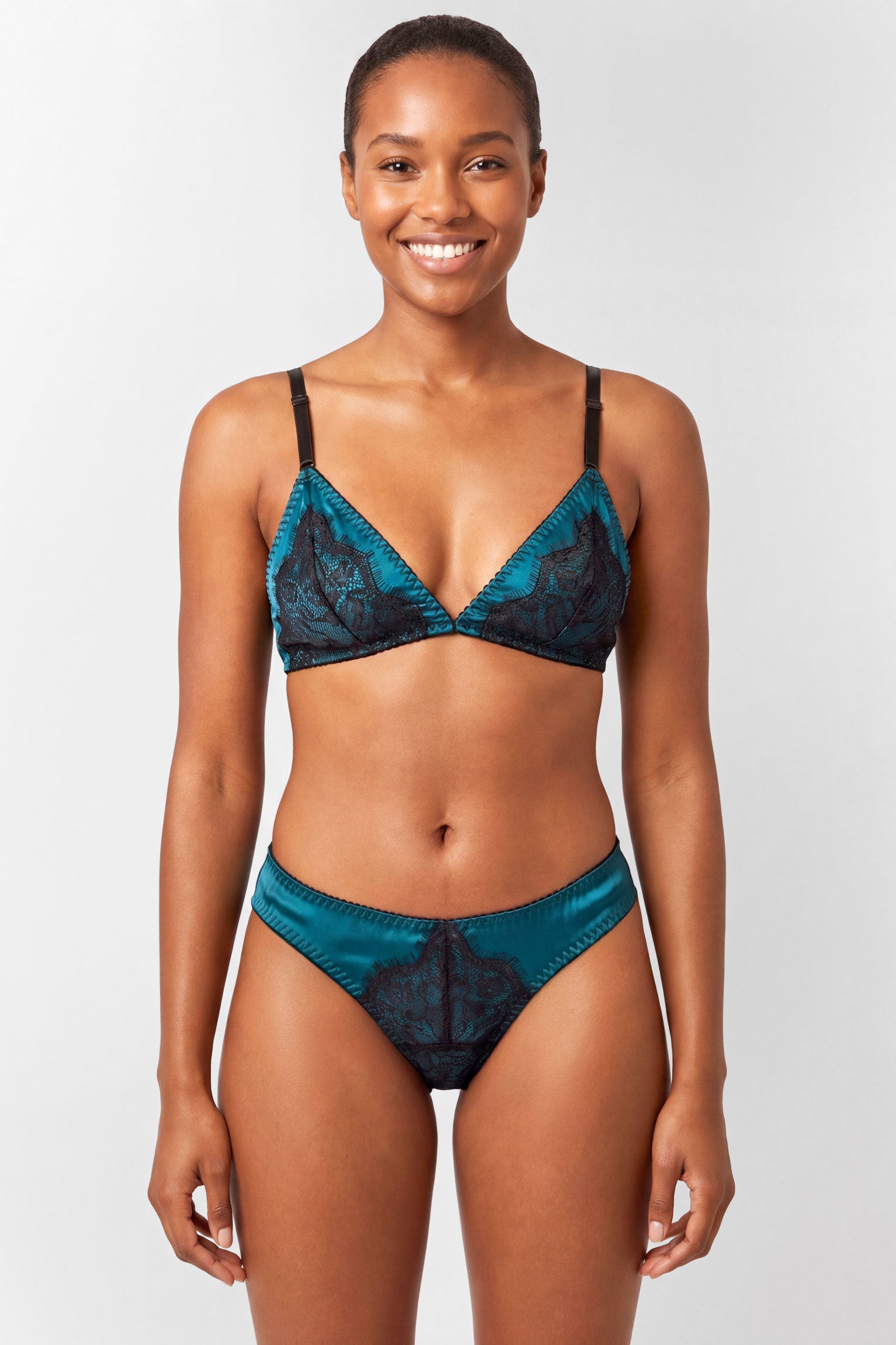 Teal silk lingerie set with black lace overlays and real silk linings