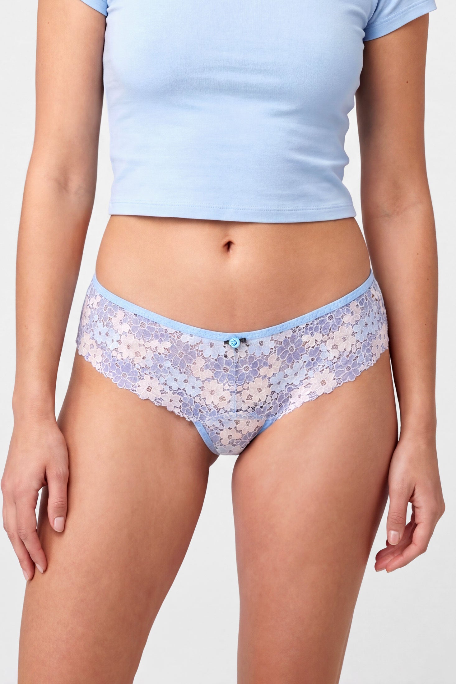 Light blue floral underwear and a matching pale blue cropped tee shirt
