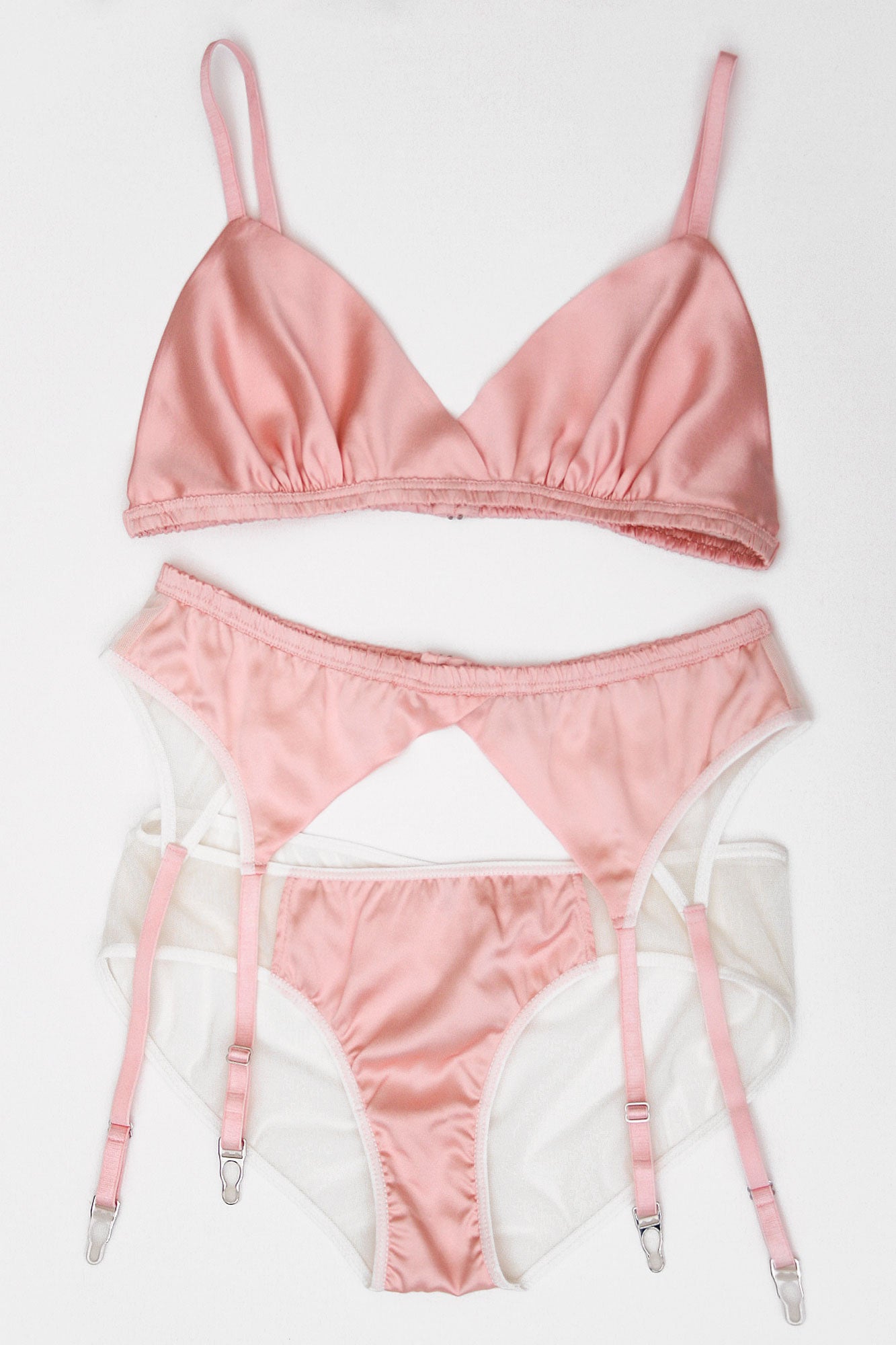 Designer pink silk underwear set with vintage-inspired satin garter belt