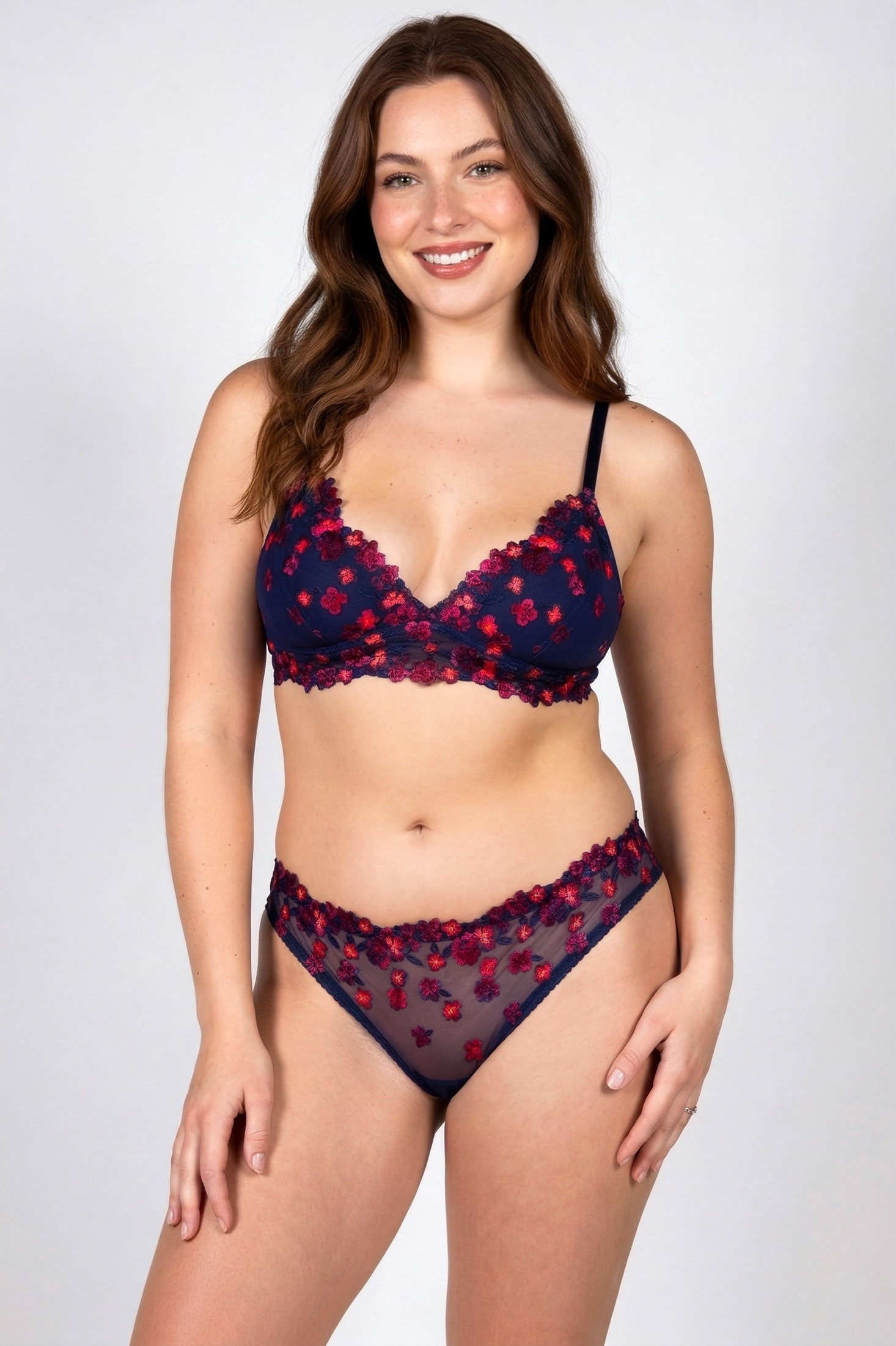 Designer silk lingerie set with flower embroidery and soft stretch mesh