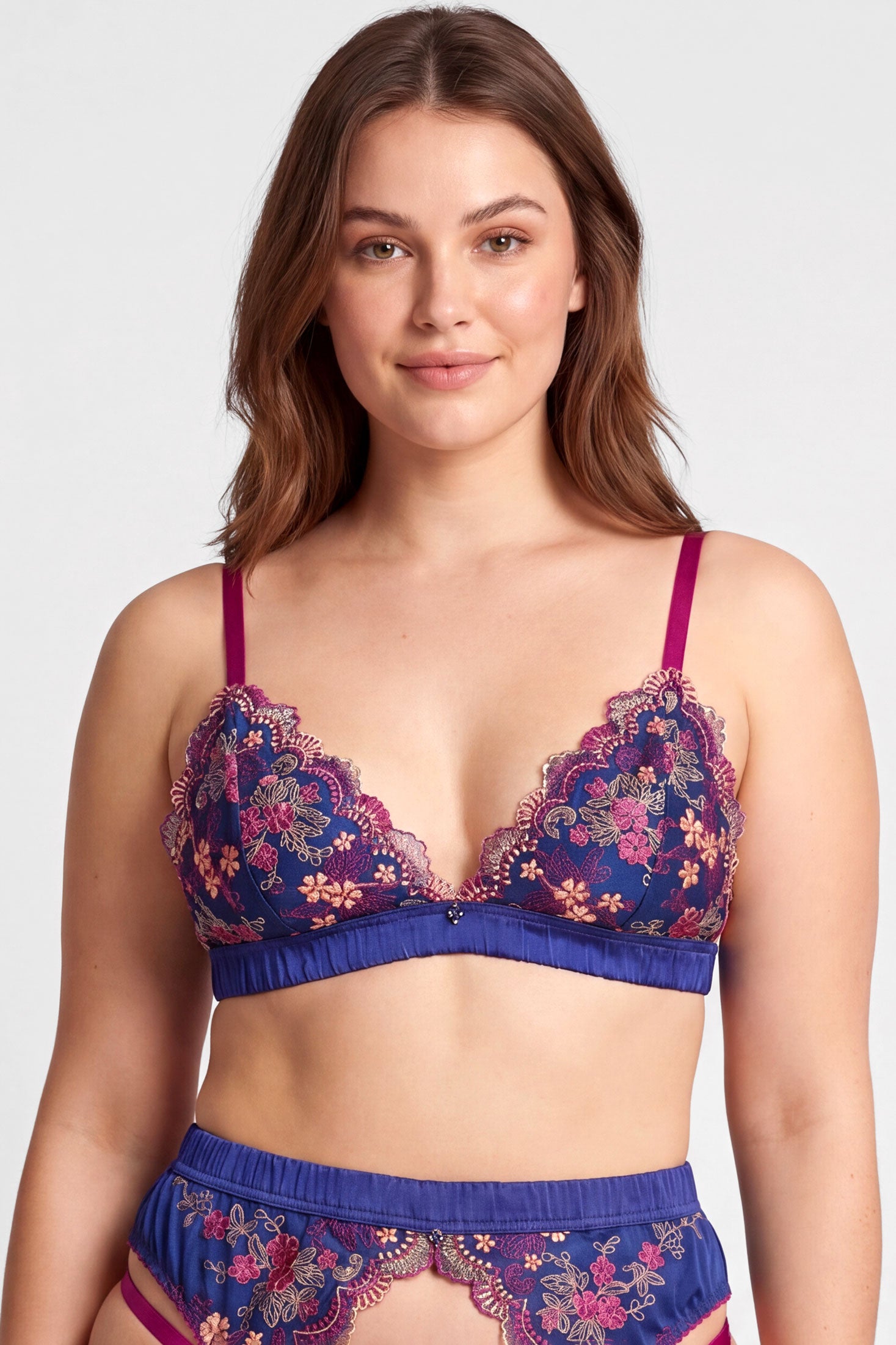 Marina blue silk and magenta embroidered floral lingerie set with cubic zirconia jewel charms