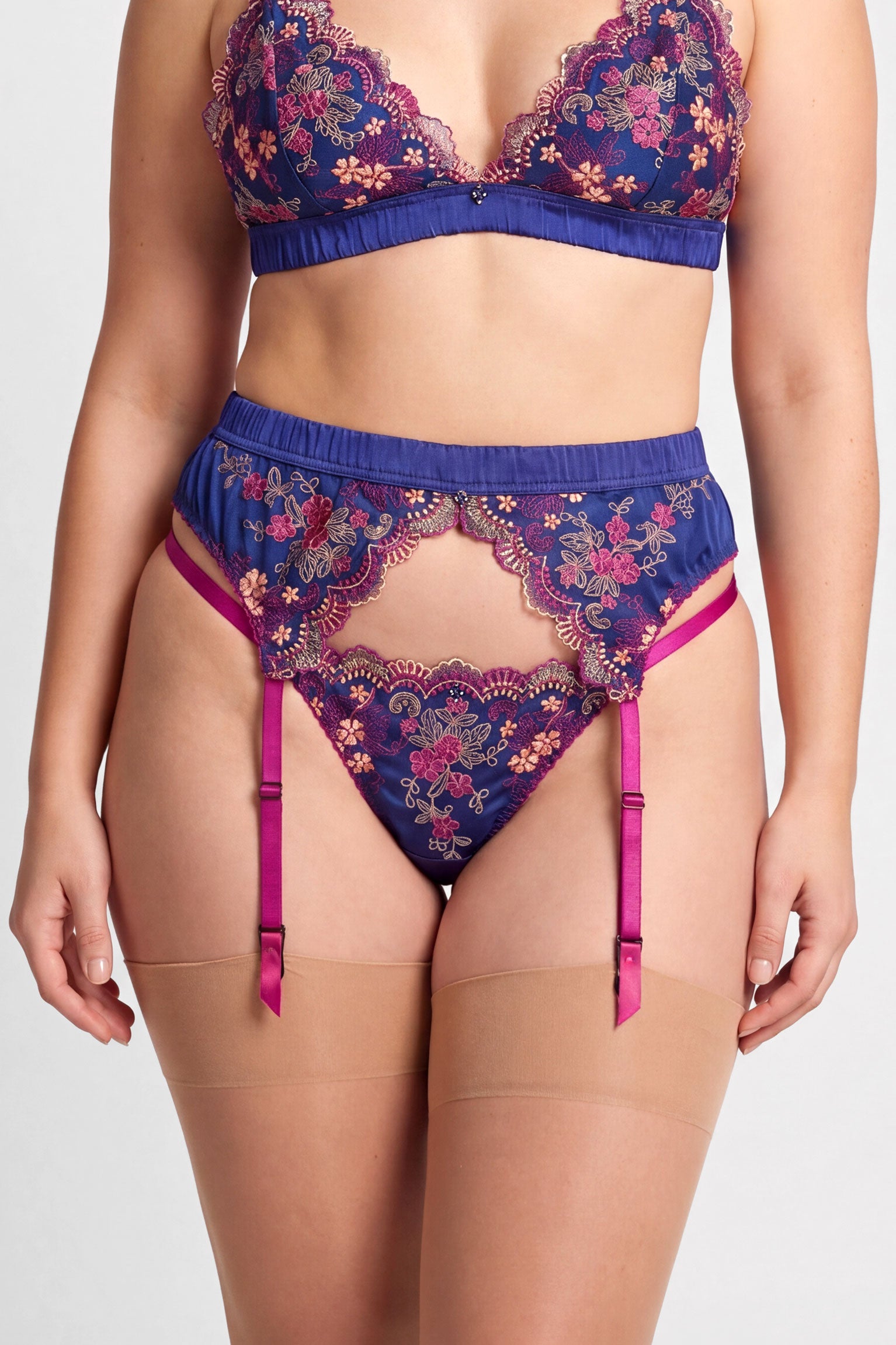 Marina navy blue lingerie set with a floral trimmed thong panty and vintage style garter belt