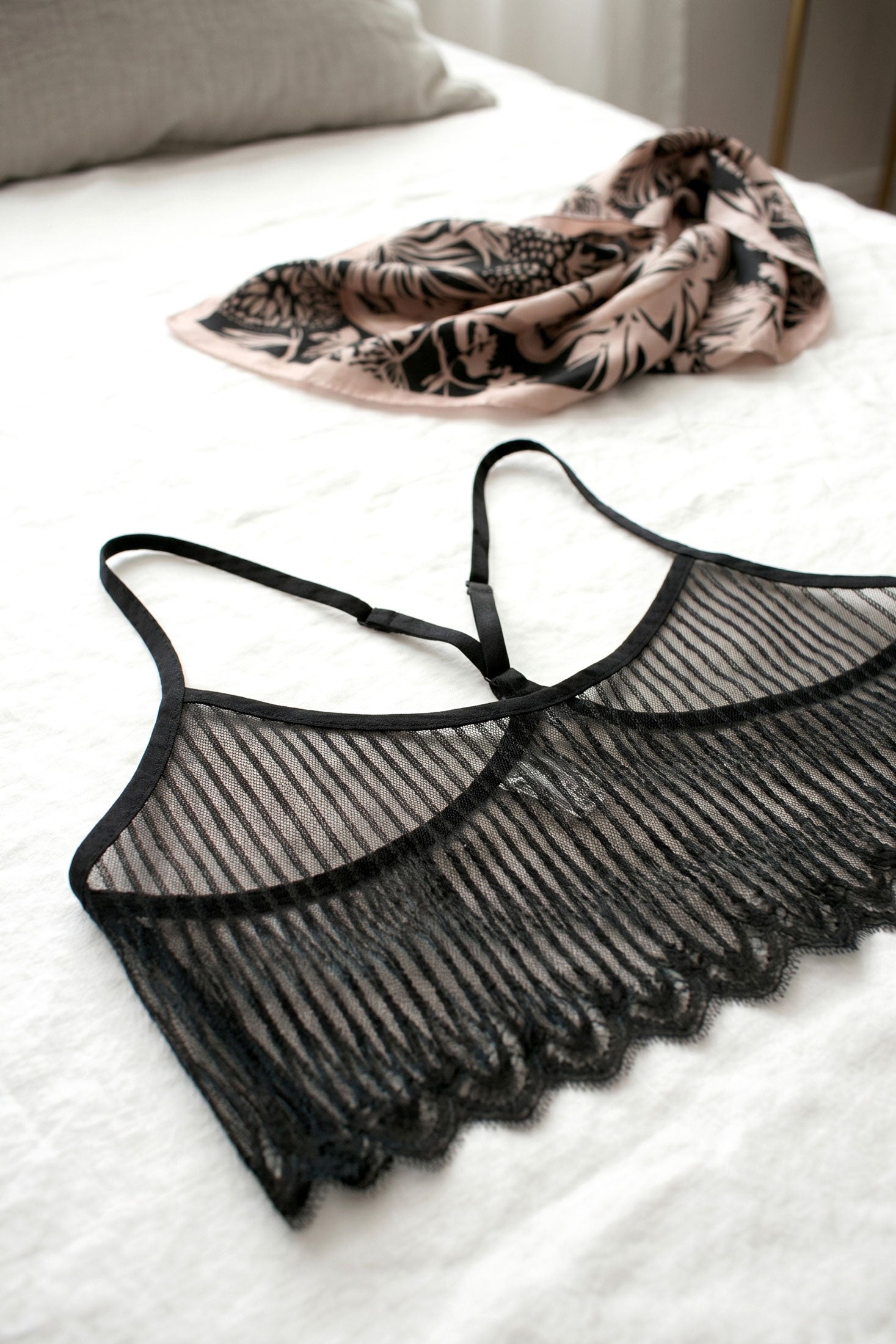 Black striped camisole, handmade in French lace with silk bindings and straps