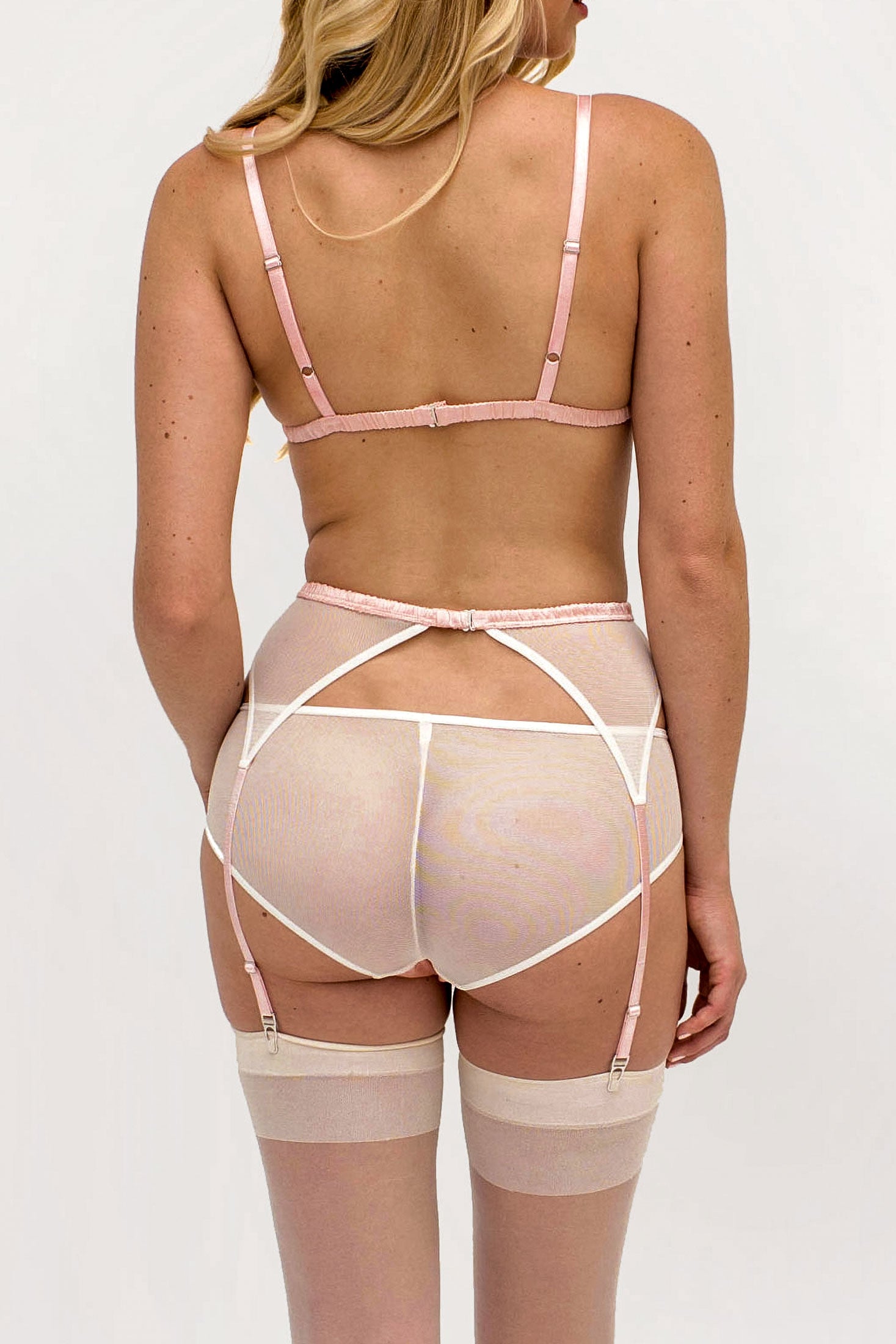 Bridal  sheer bralette and lingerie set, made of pink silk and white mesh