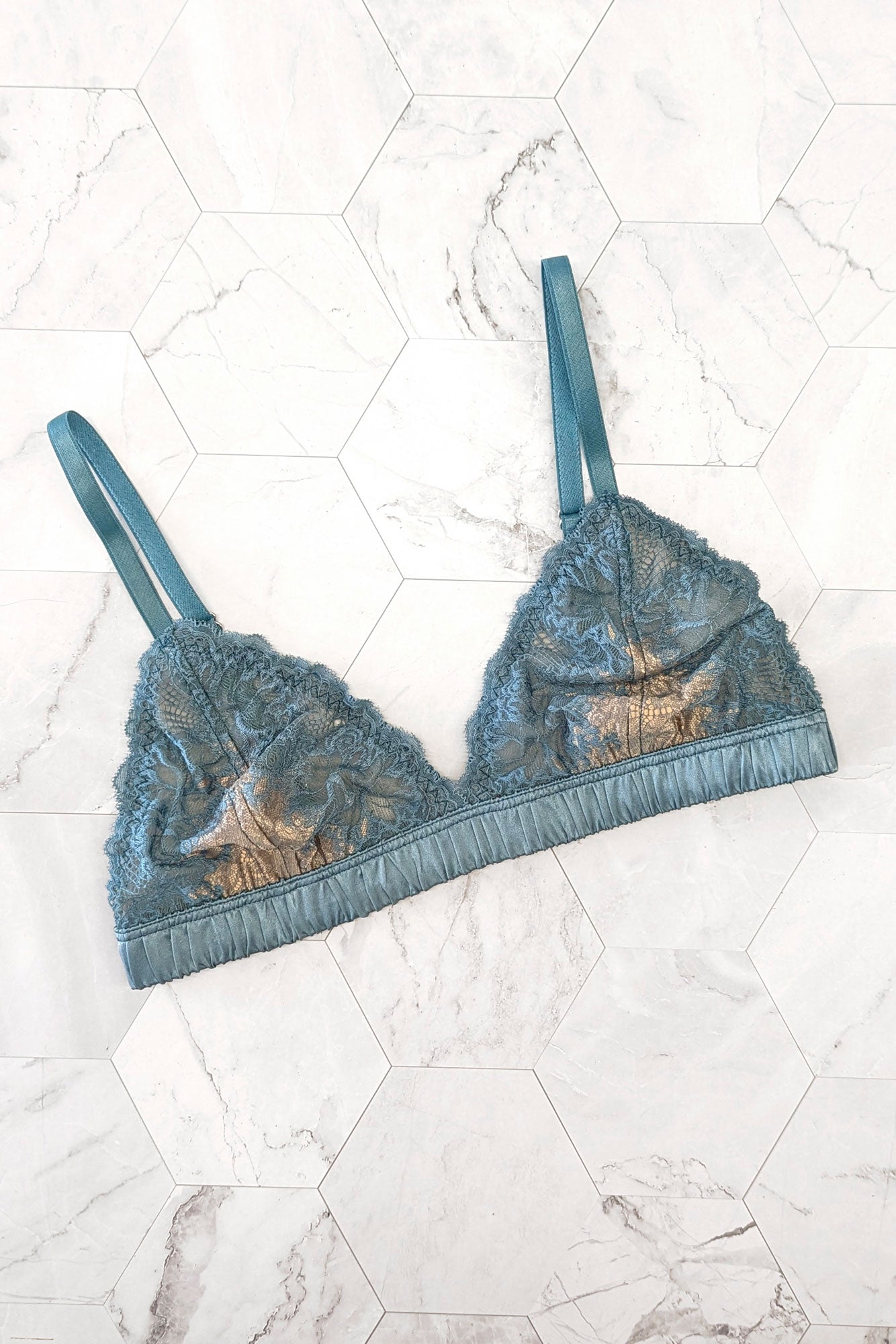 Vintage triangle bralette in silk and teal blue stretch lace