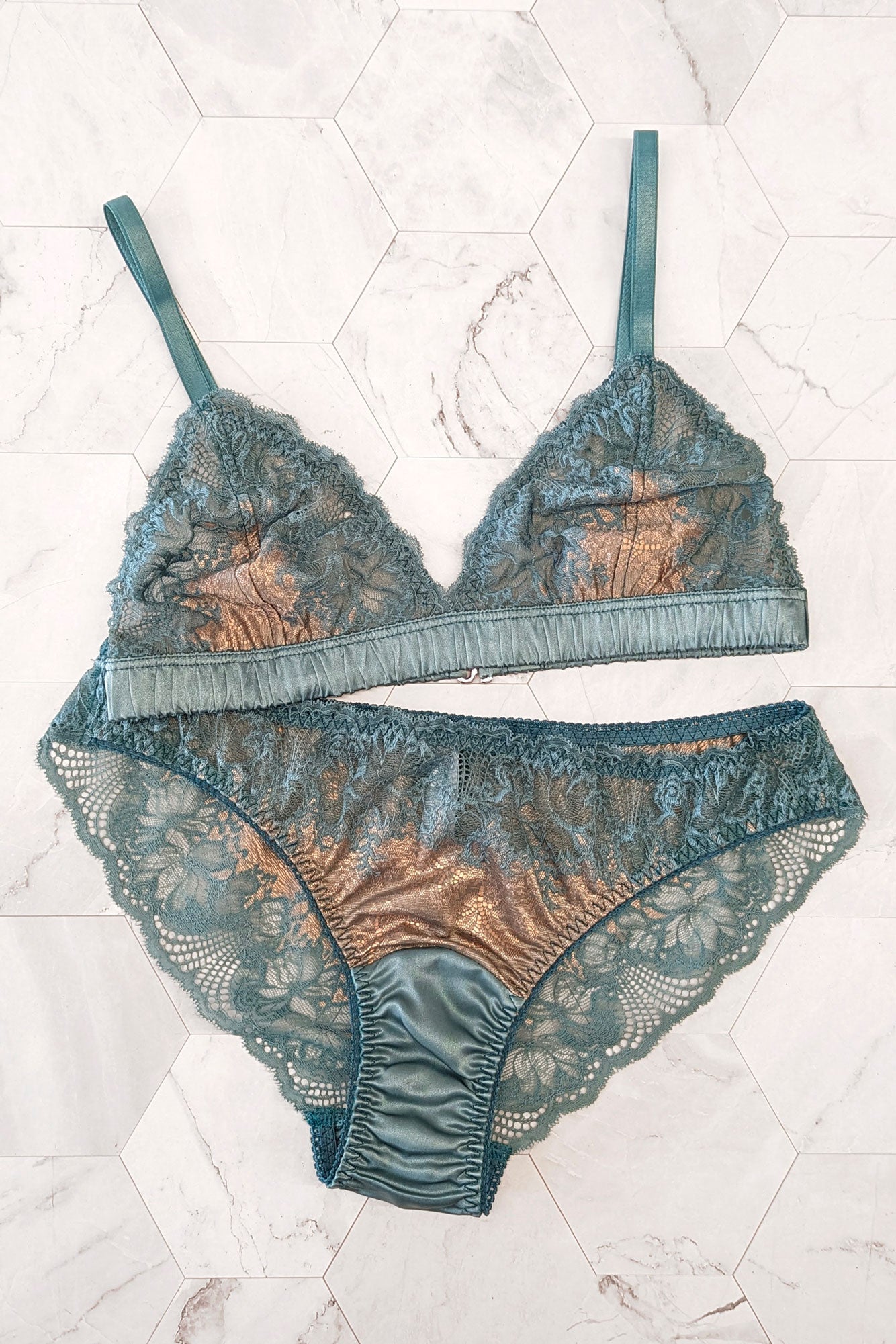 Teal silk bralette and lace panties with gold and soft blue satin trims