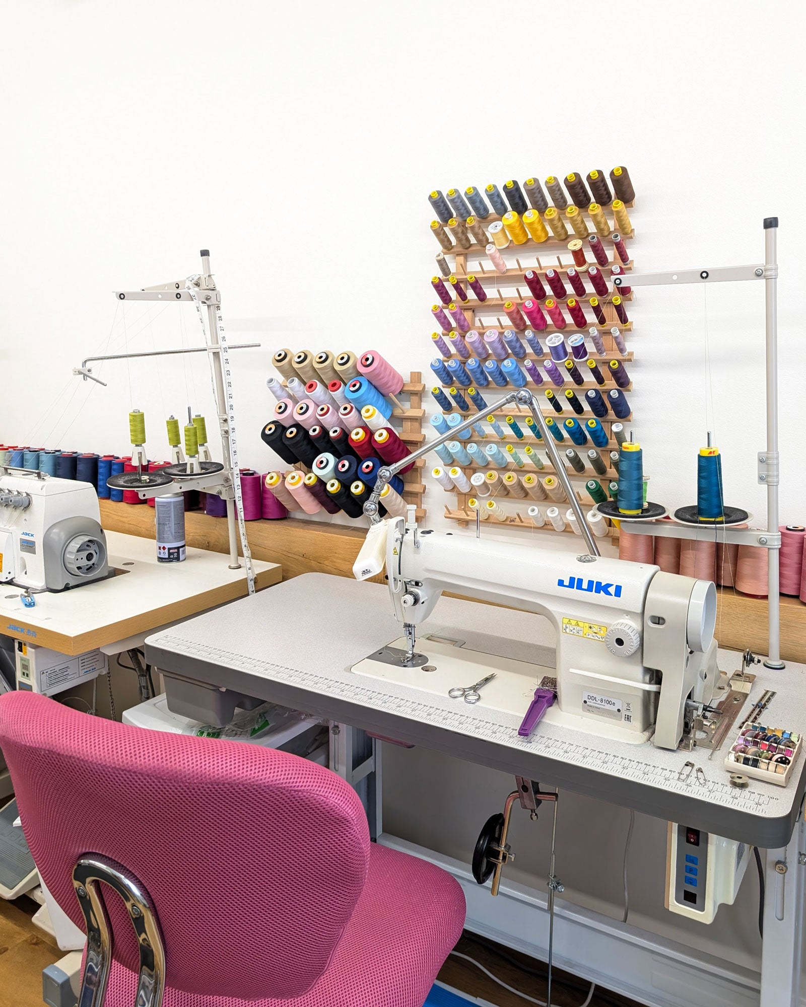 Angela Friedman sewing room with 2 industrial sewing machines for manufacturing lingerie in England
