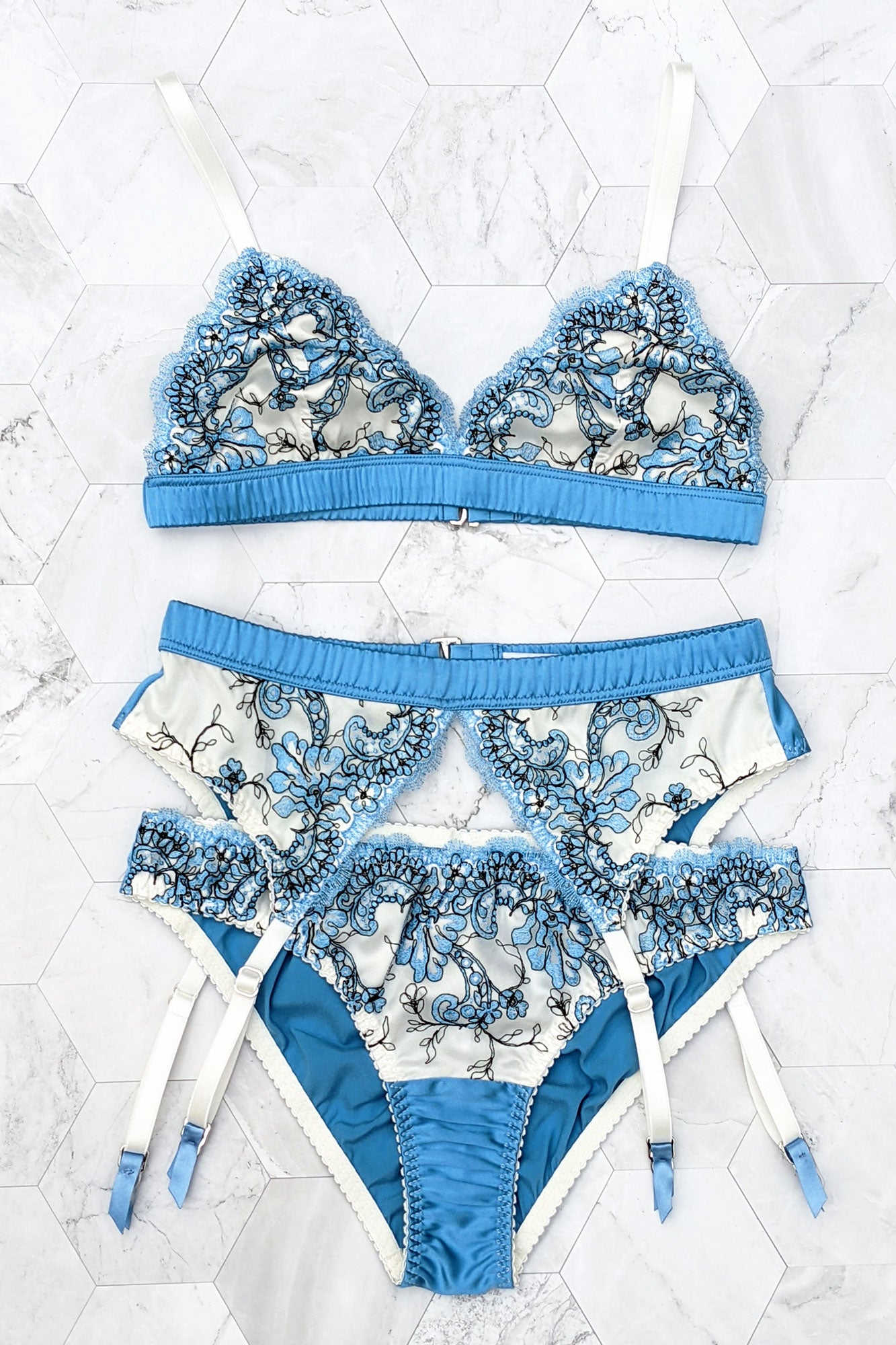 3 piece luxury lingerie set in silk and blue embroidery