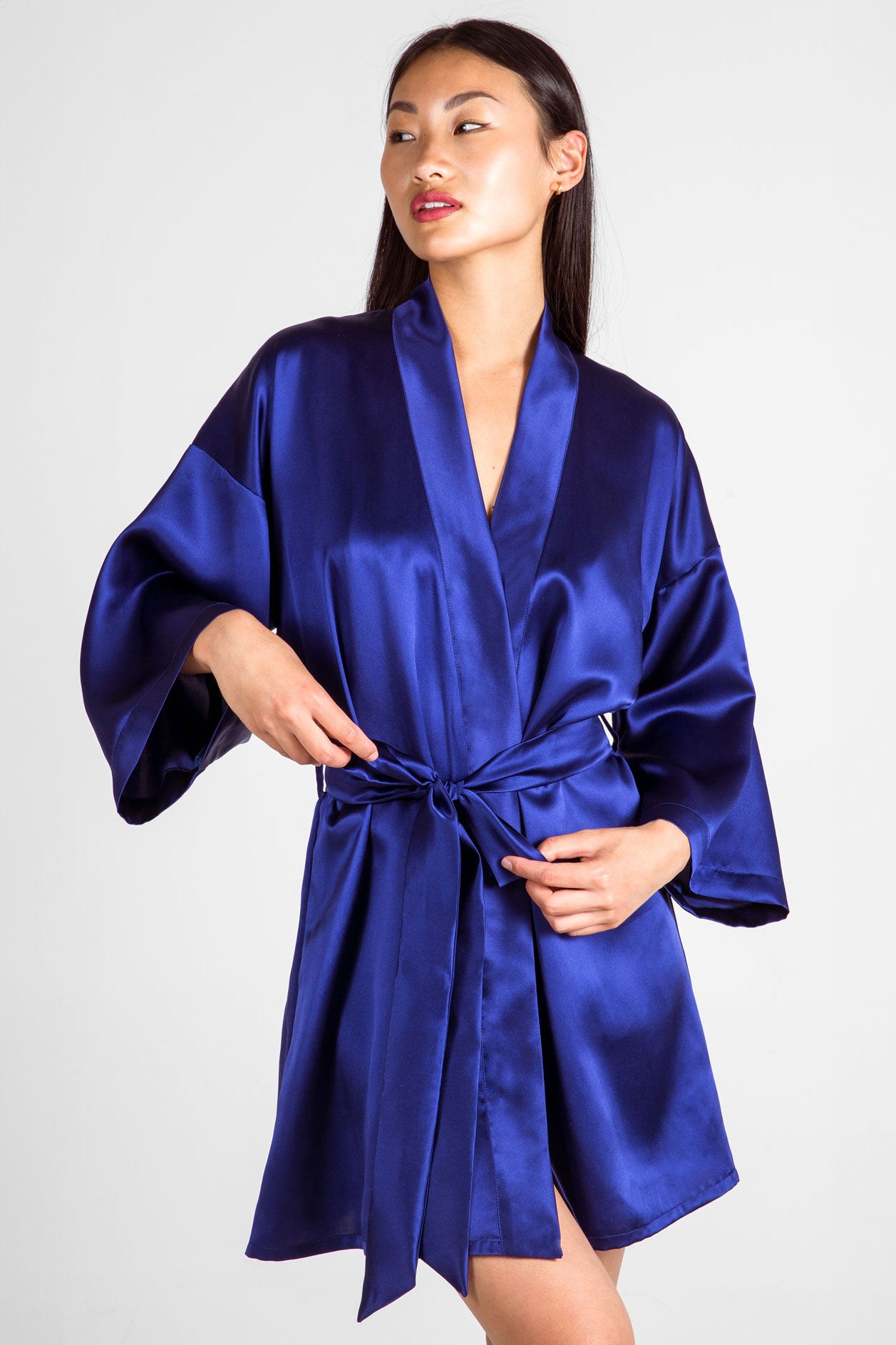 Video of the Julianna silk robe in indigo blue silk satin
