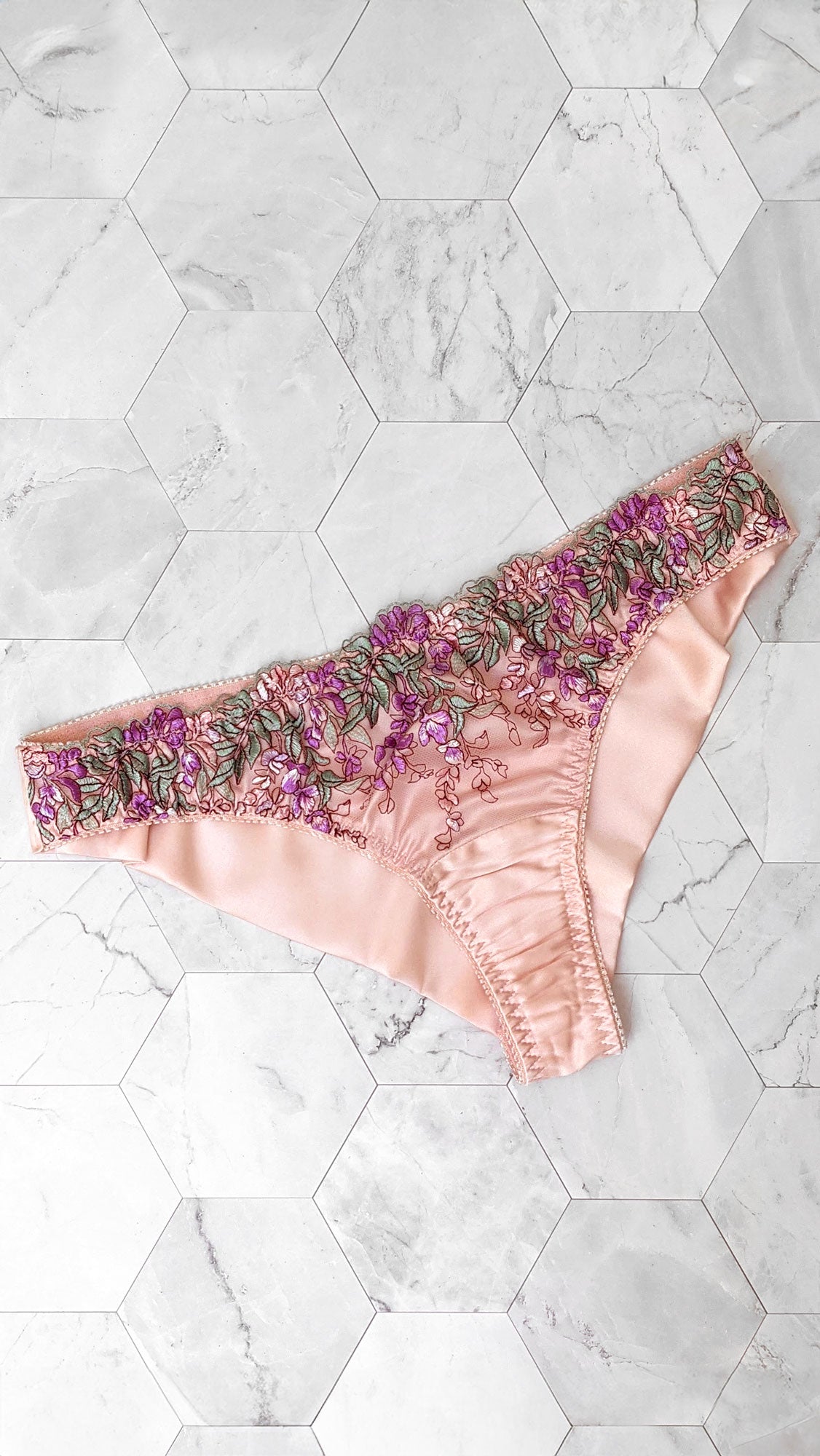 Wisteria pink silk panties with floral embroidery
