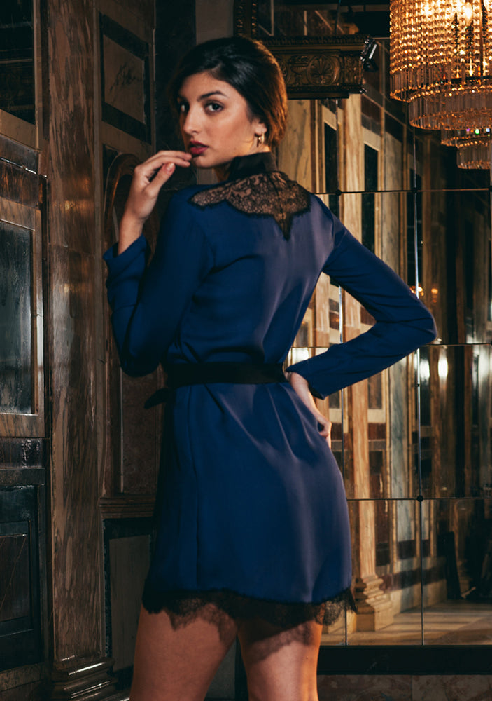 Back of a blue silk robe with black lace applique trim