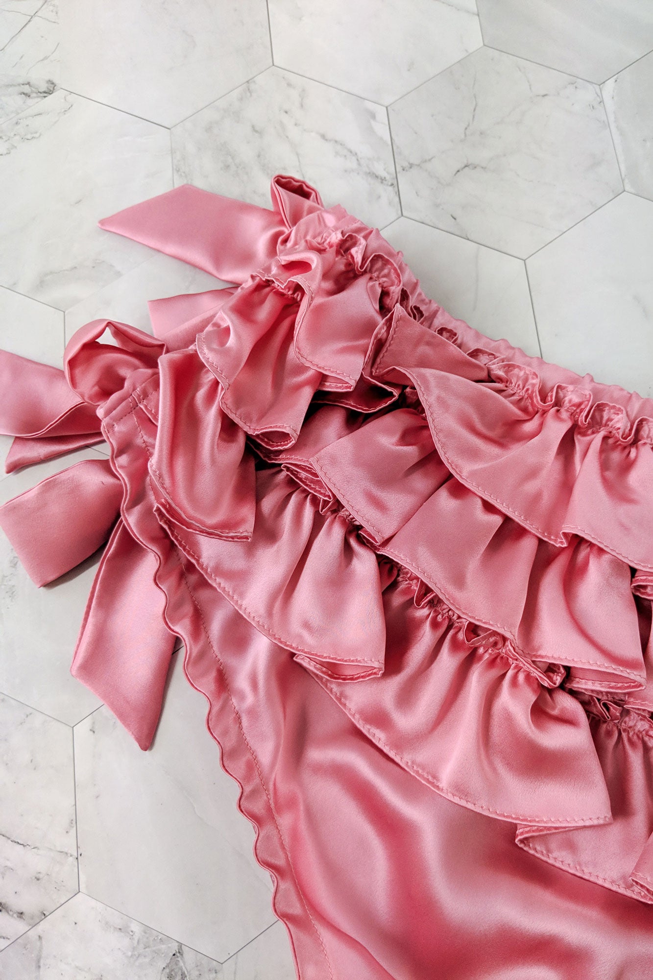 Bright pink burlesque costume with satin ruffle knickers in 100% silk satin