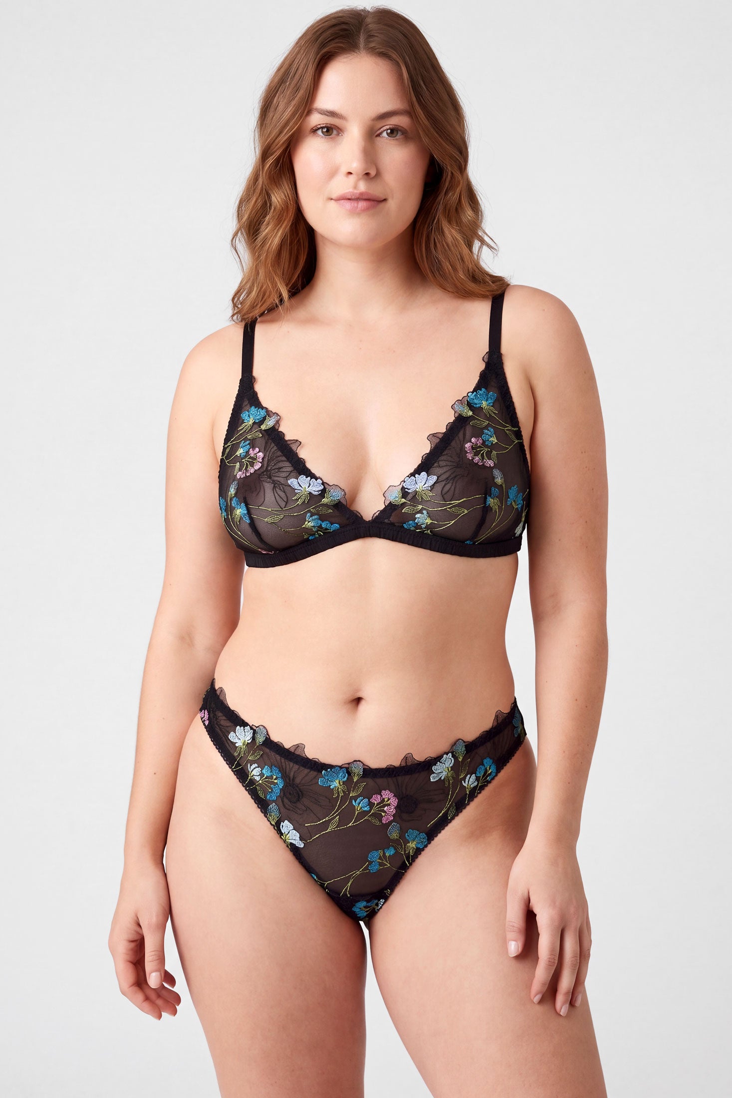 Seraphina embroidered bralette and thong set, handmade in black mesh with teal and pink flowers