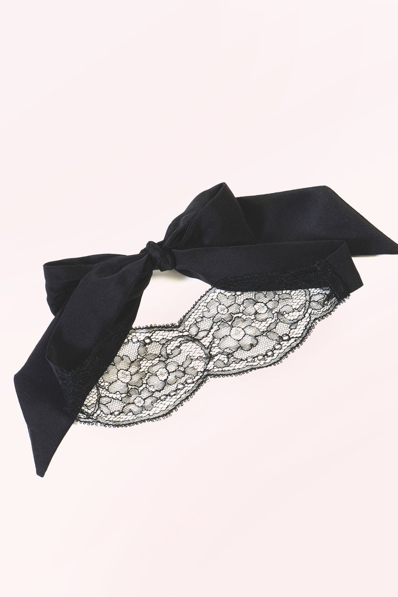 Sheer, sexy blindfold in black silk and french lace by lingerie designer Angela Friedman