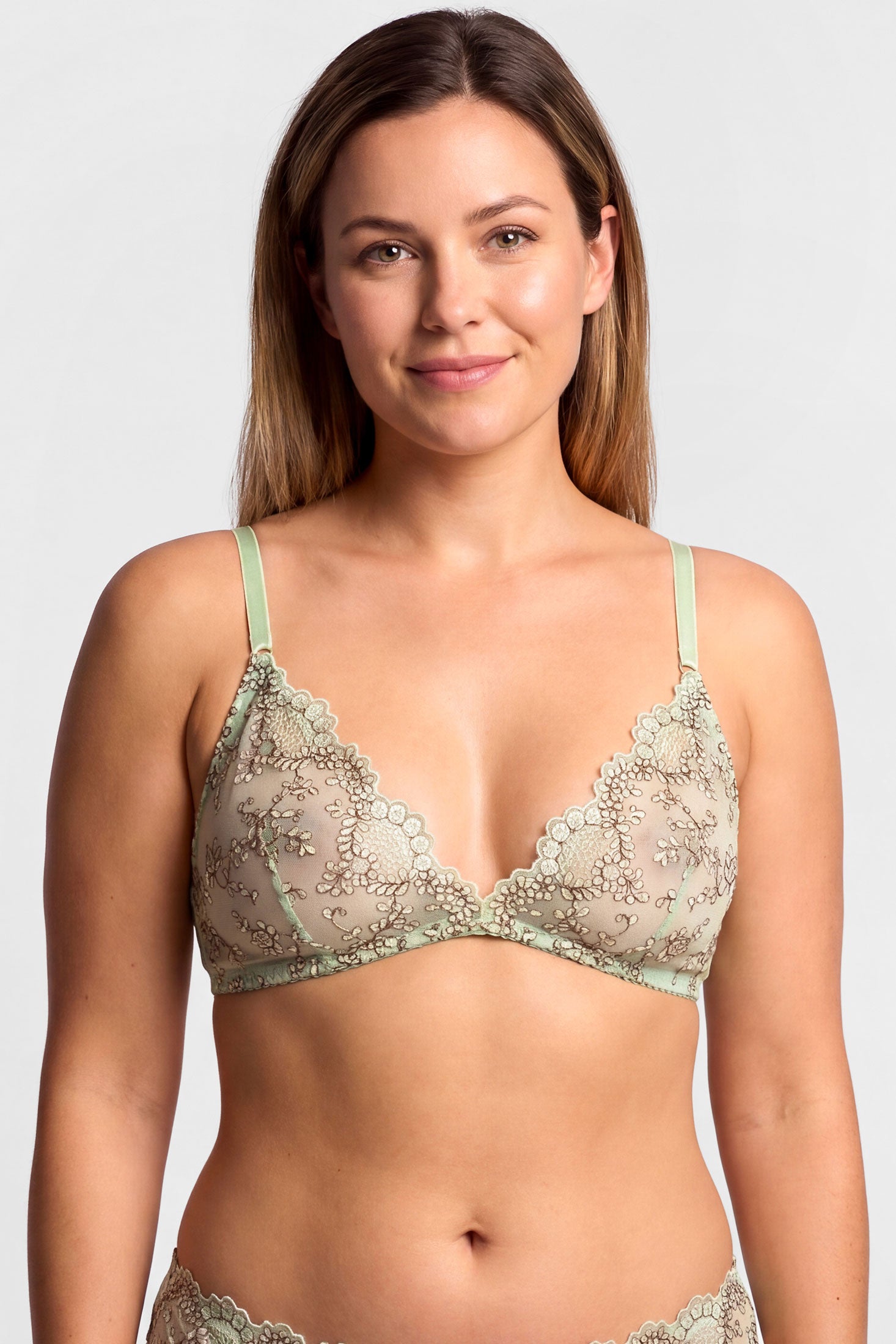 Light green bralette with stretch mesh linings and embroidery