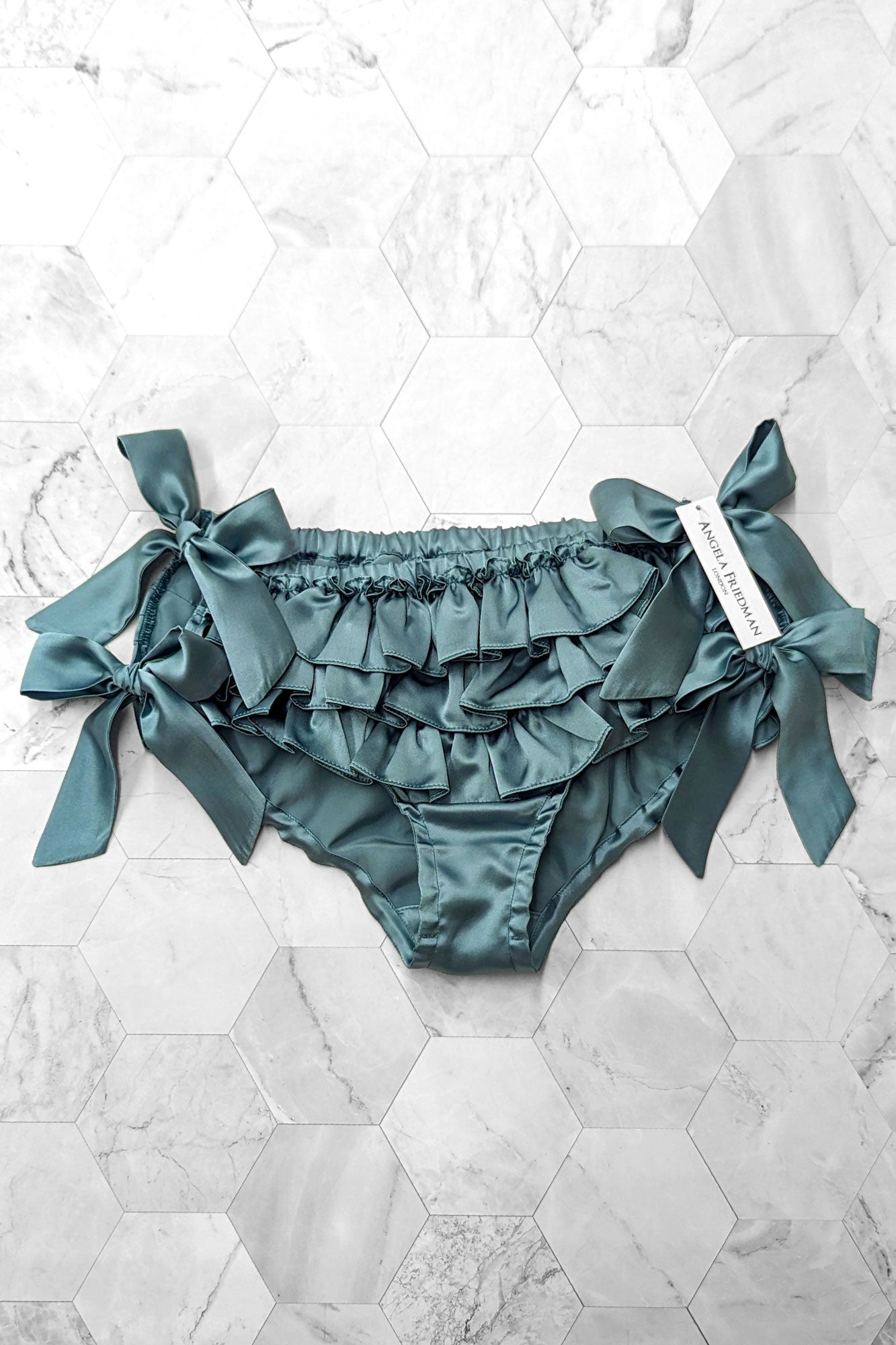 Retro ruffle panties in 100% silk in teal blue green color