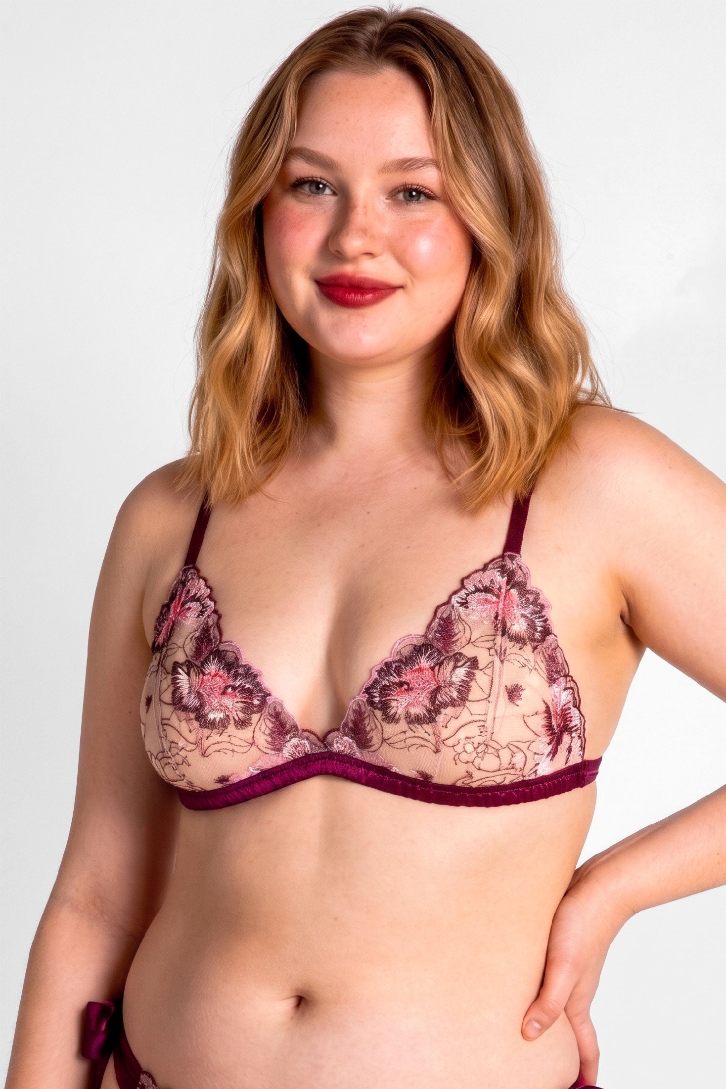 Valentina bra in wine silk with embroidered flowers and sheer lining