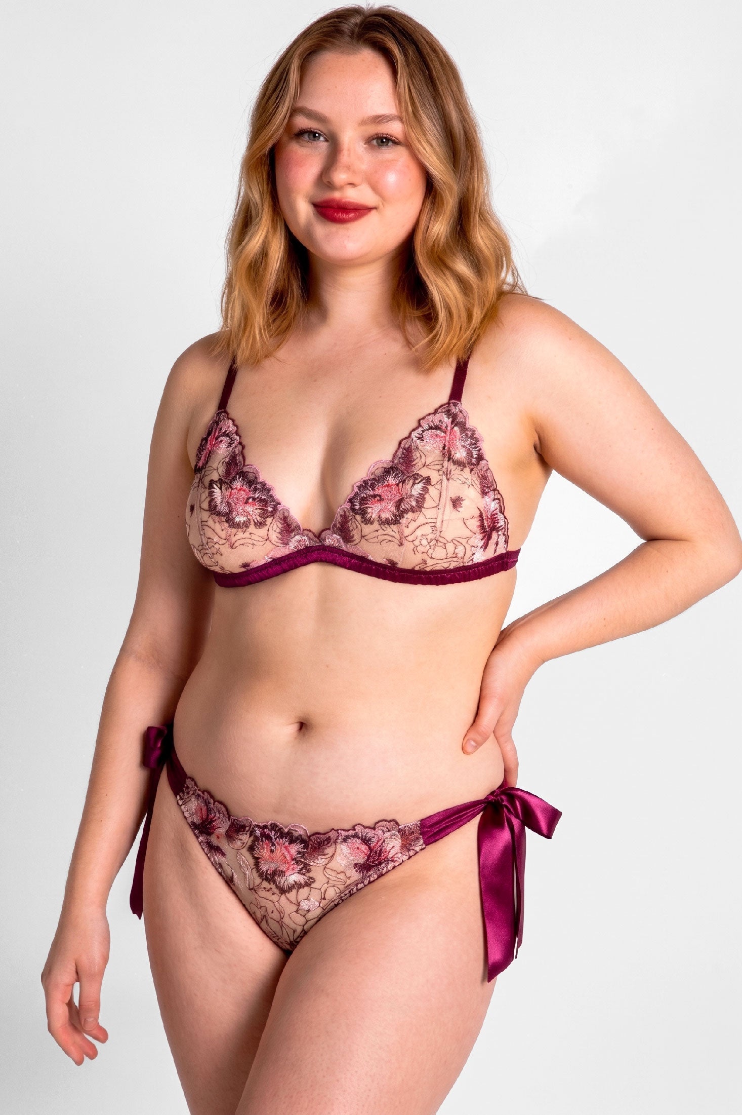 Designer silk and lace lingerie set including side-tie satin panties and an embroidered lace bralette