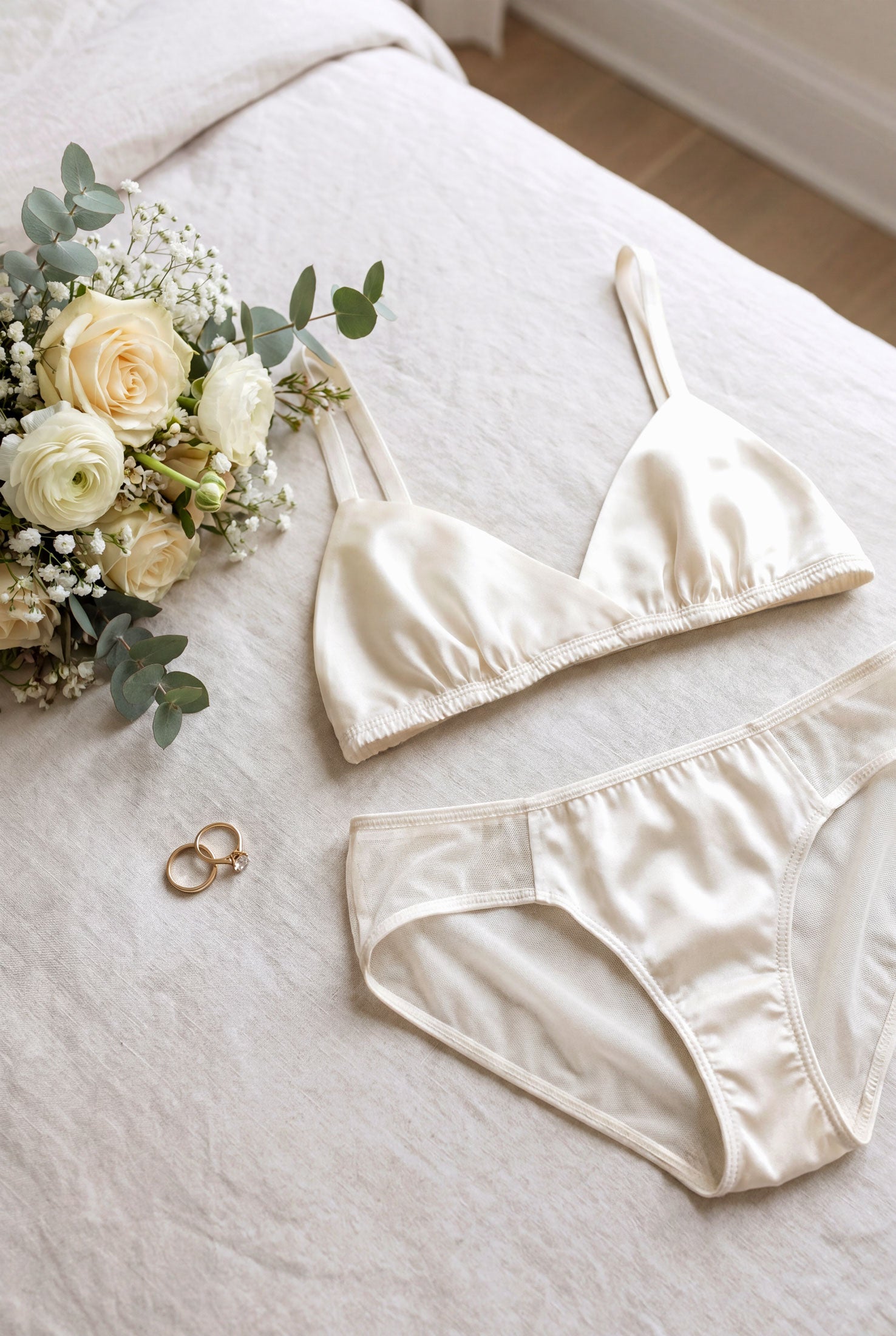 Bridal lingerie set in ivory silk with white mesh sides on a luxury linen hotel bed