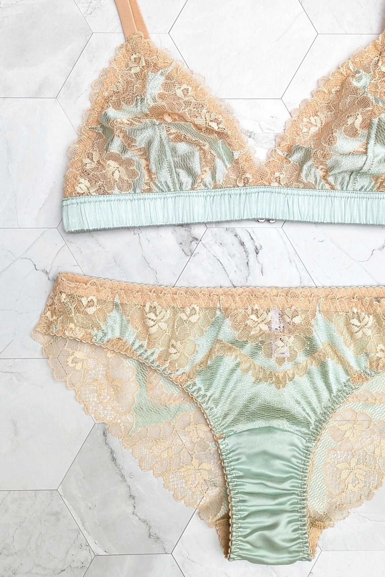 Willow mint green and beige lace underwear set by luxury lingerie designer Angela Friedman