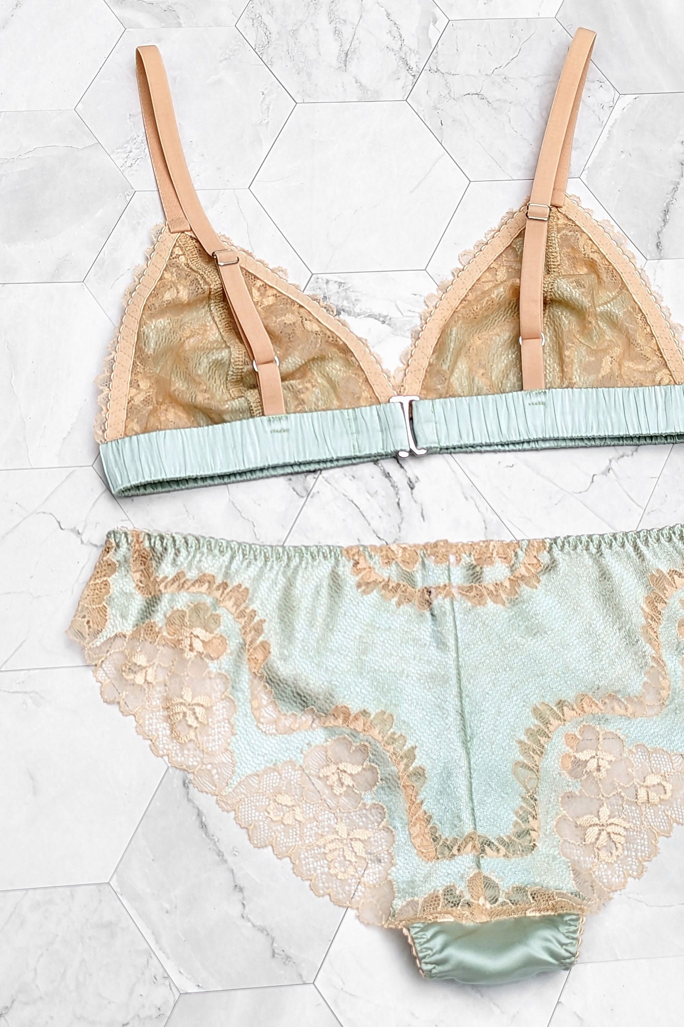 Designer lace lingerie set in mint green and beige flowers with silk trim