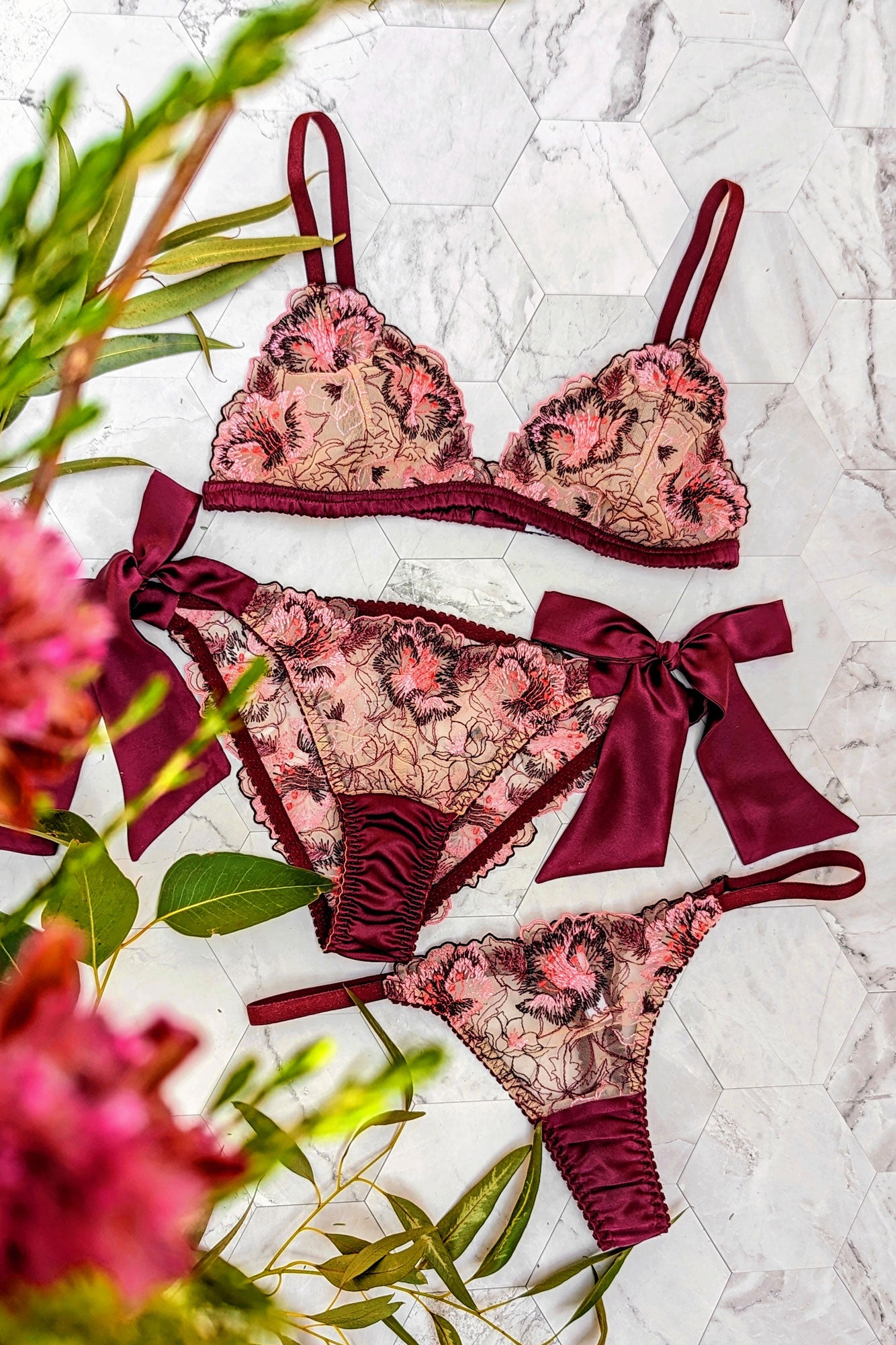 3 piece lingerie set in deep wine red silk with flower lace trims