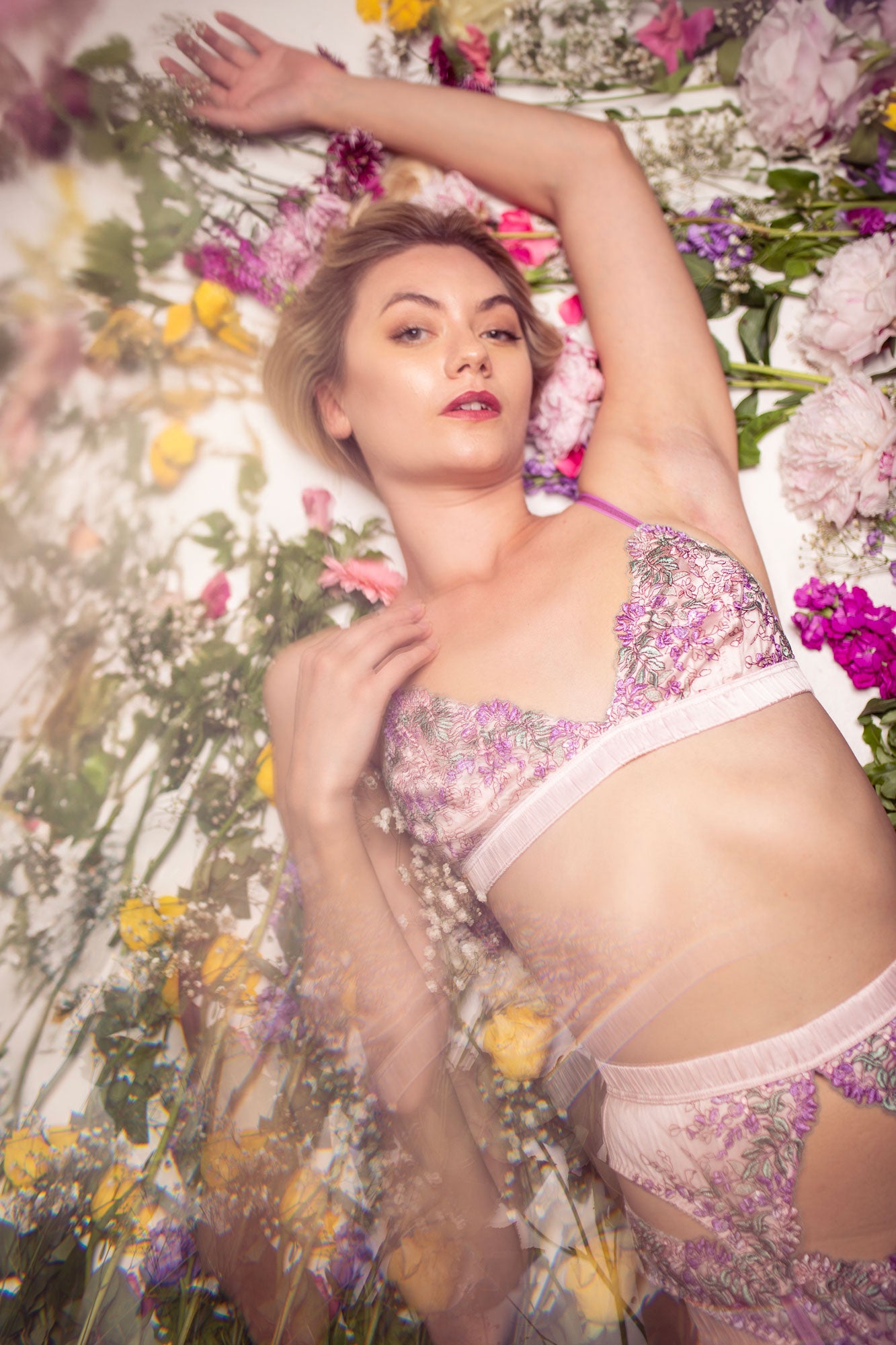 Floral lingerie set with embroidered bralette and pink silk band