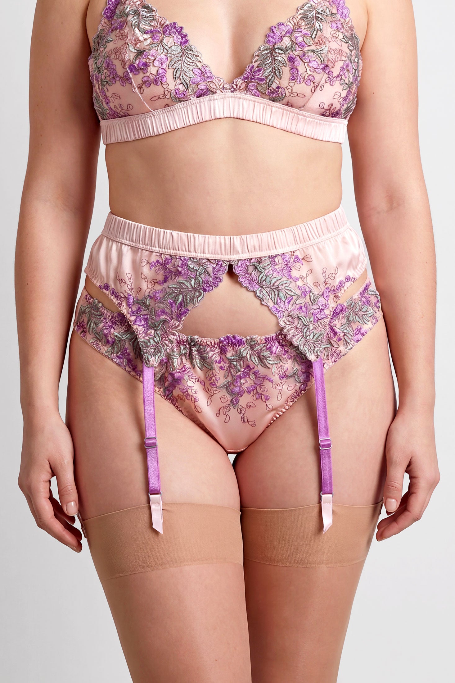Wisteria designer silk suspender belt in pink and purple embroidery