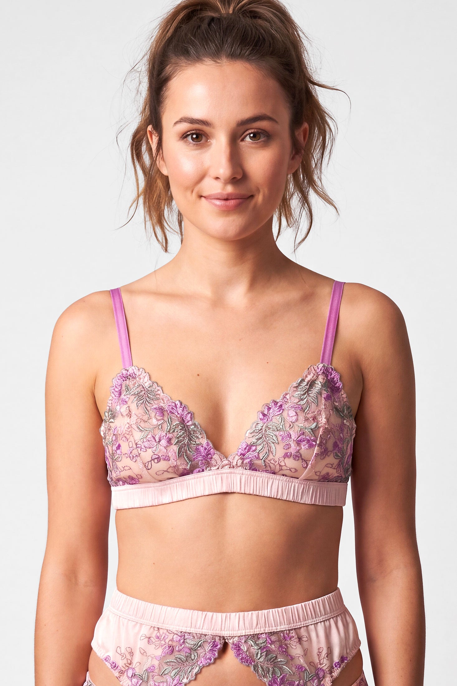 Wisteria embroidered floral bralette with light pink silk linings