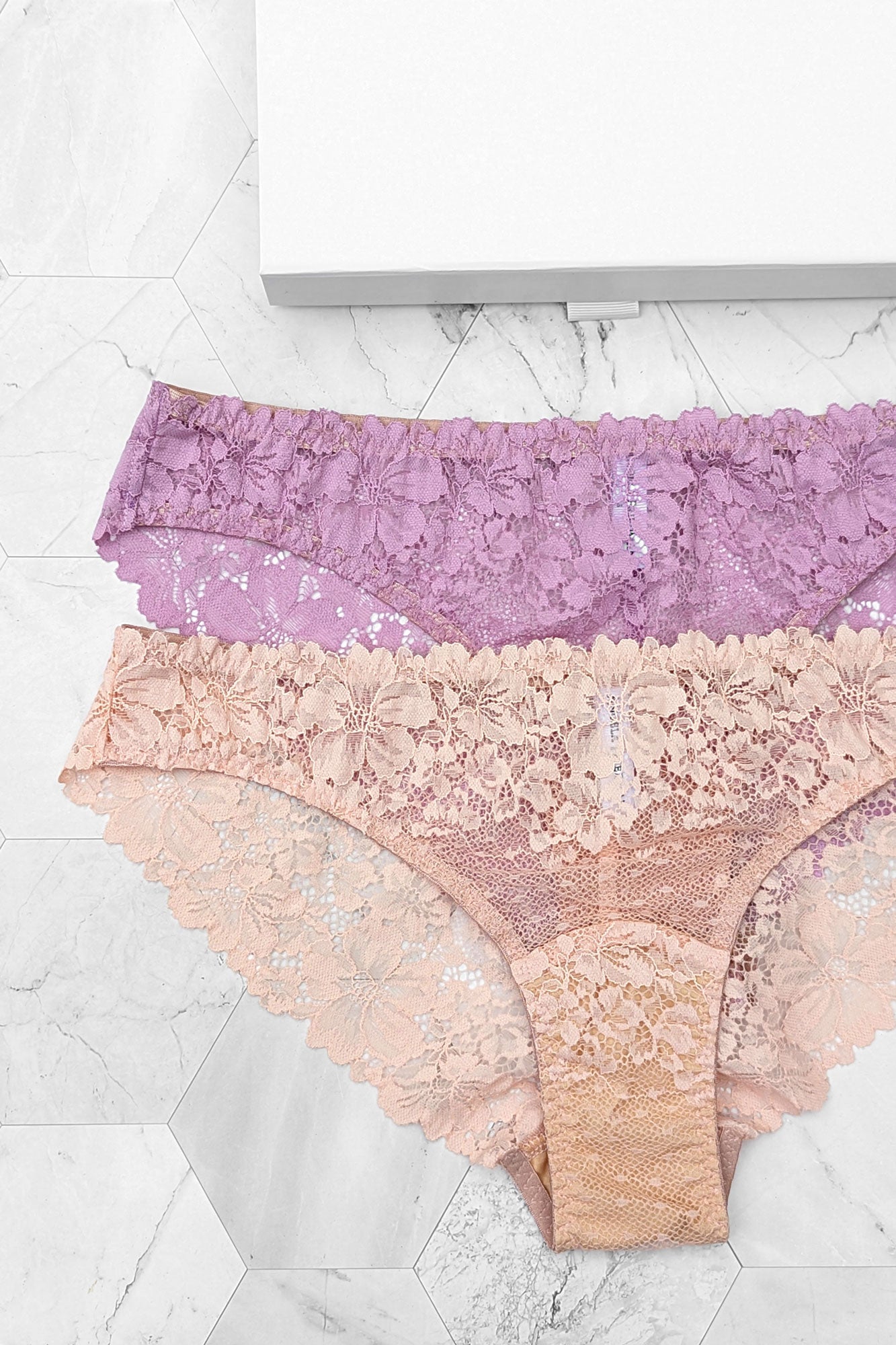 Pink lace panties and lilac knickers in a gift set