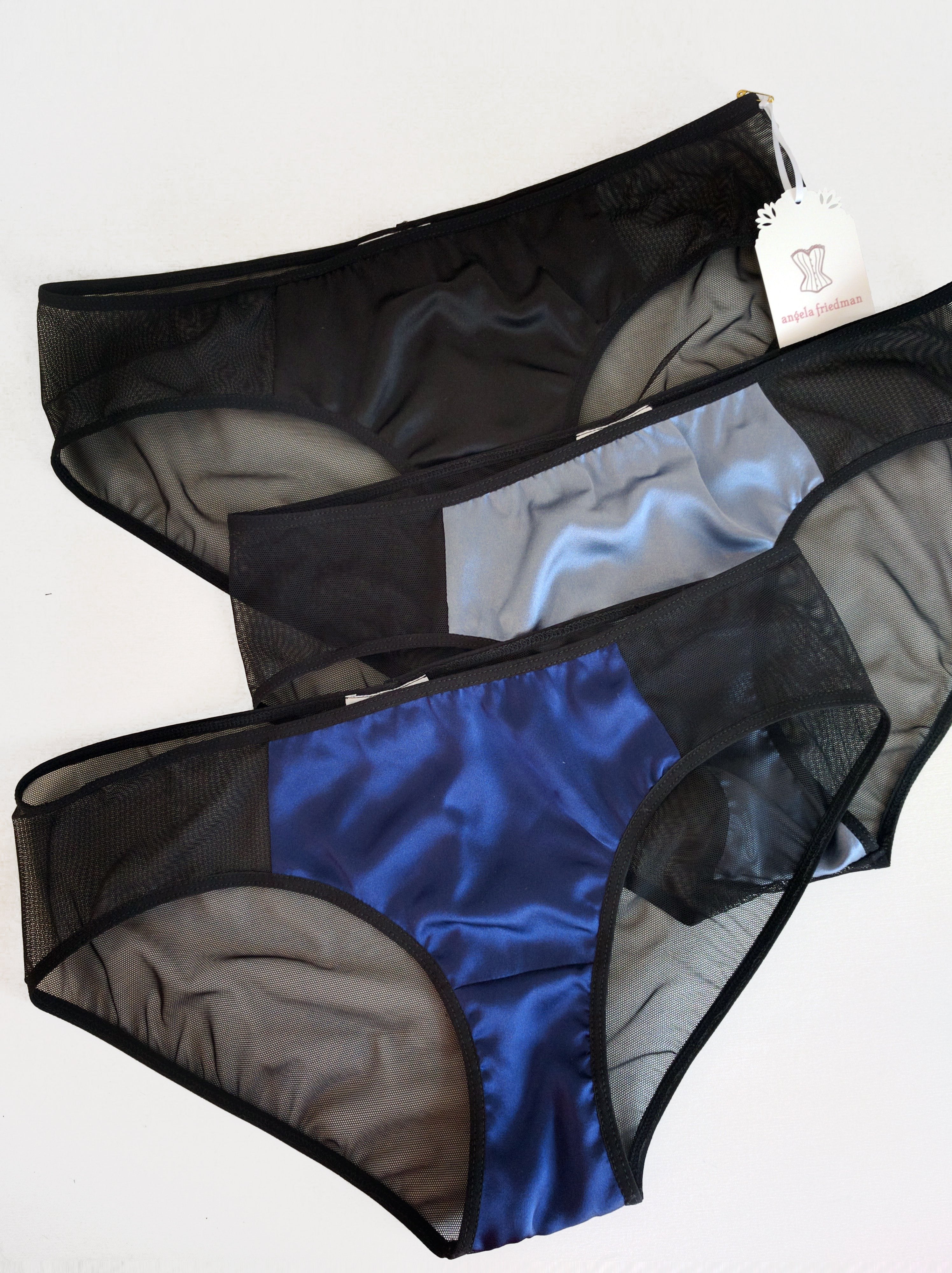 Designer vintage-style black and blue silk underwear sets