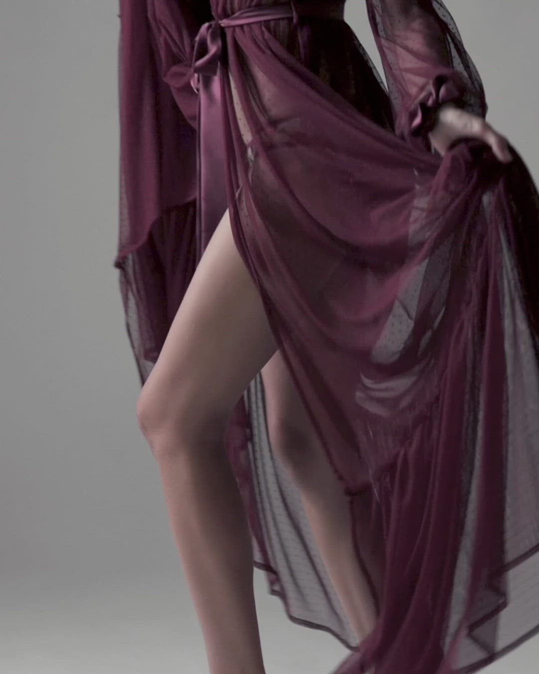 Long sheer robe in burgundy mesh with silk sash