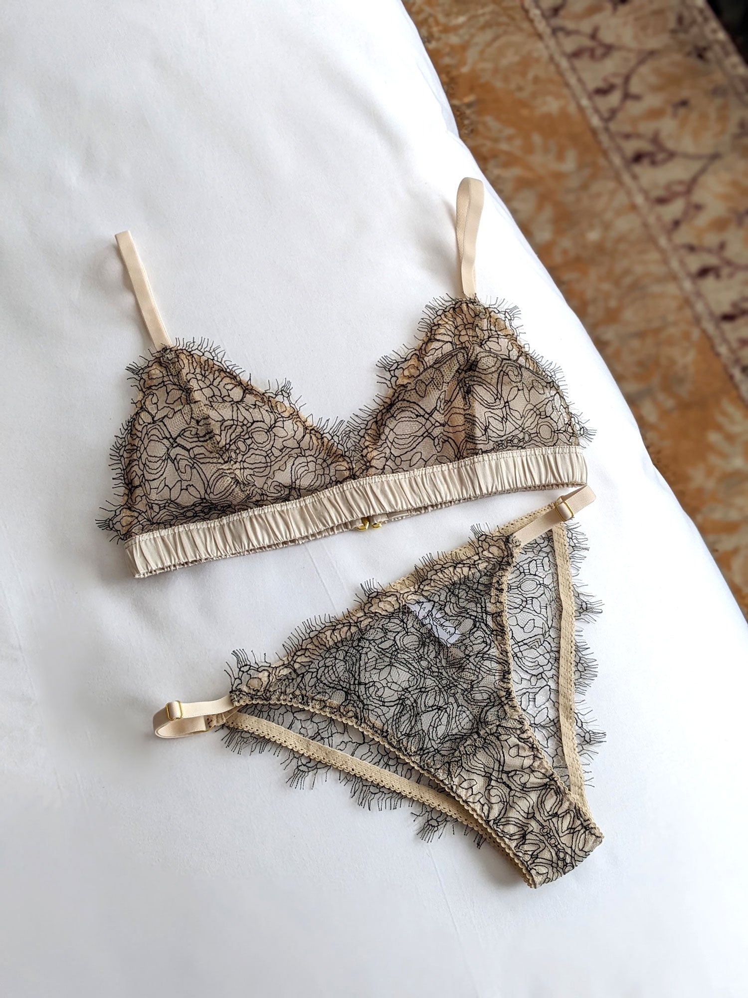 Luxury lingerie set in Black french lace with sheer nude bra