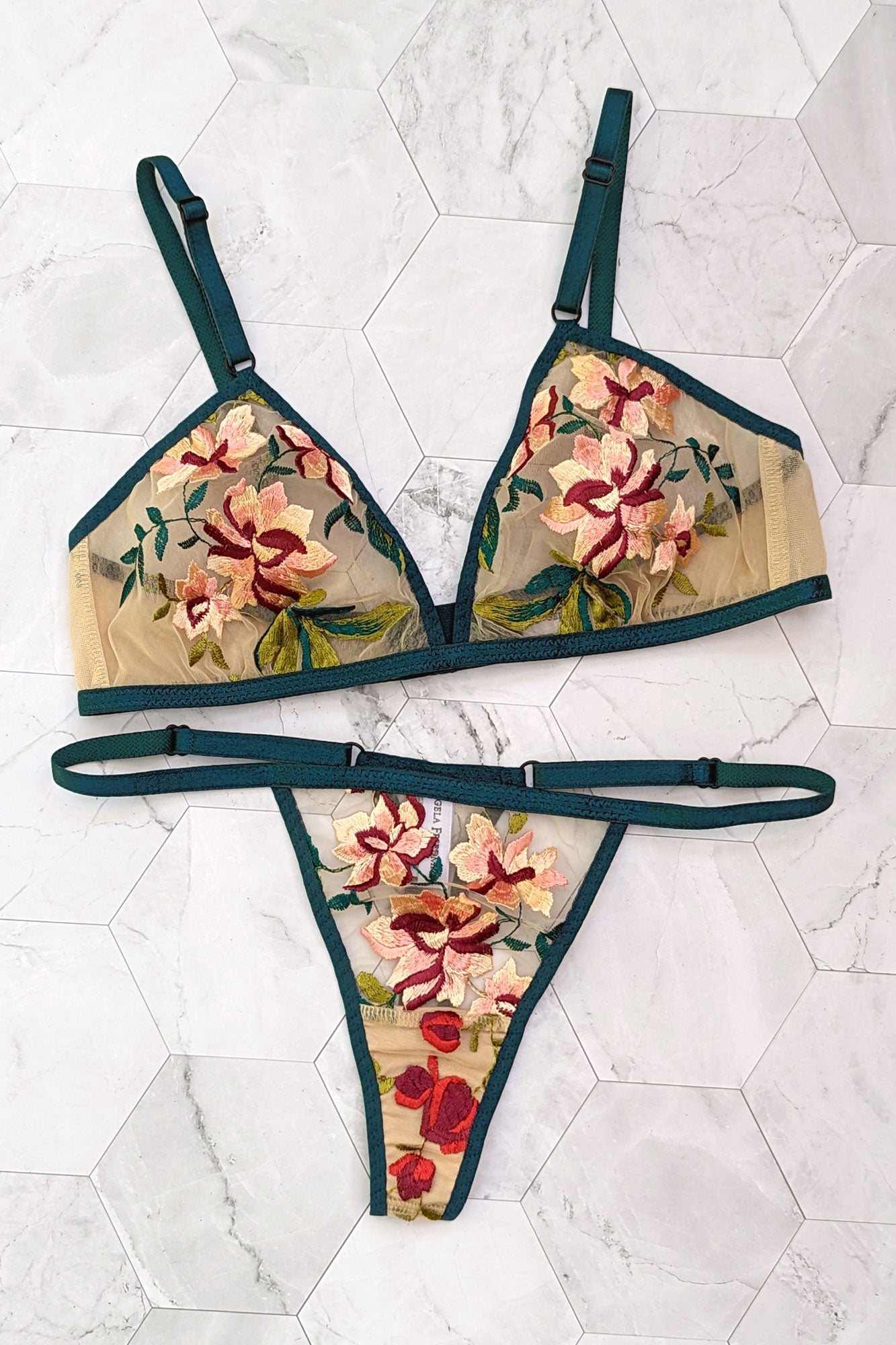 Luxury embroidered lingerie set with a wireless bralet and panties