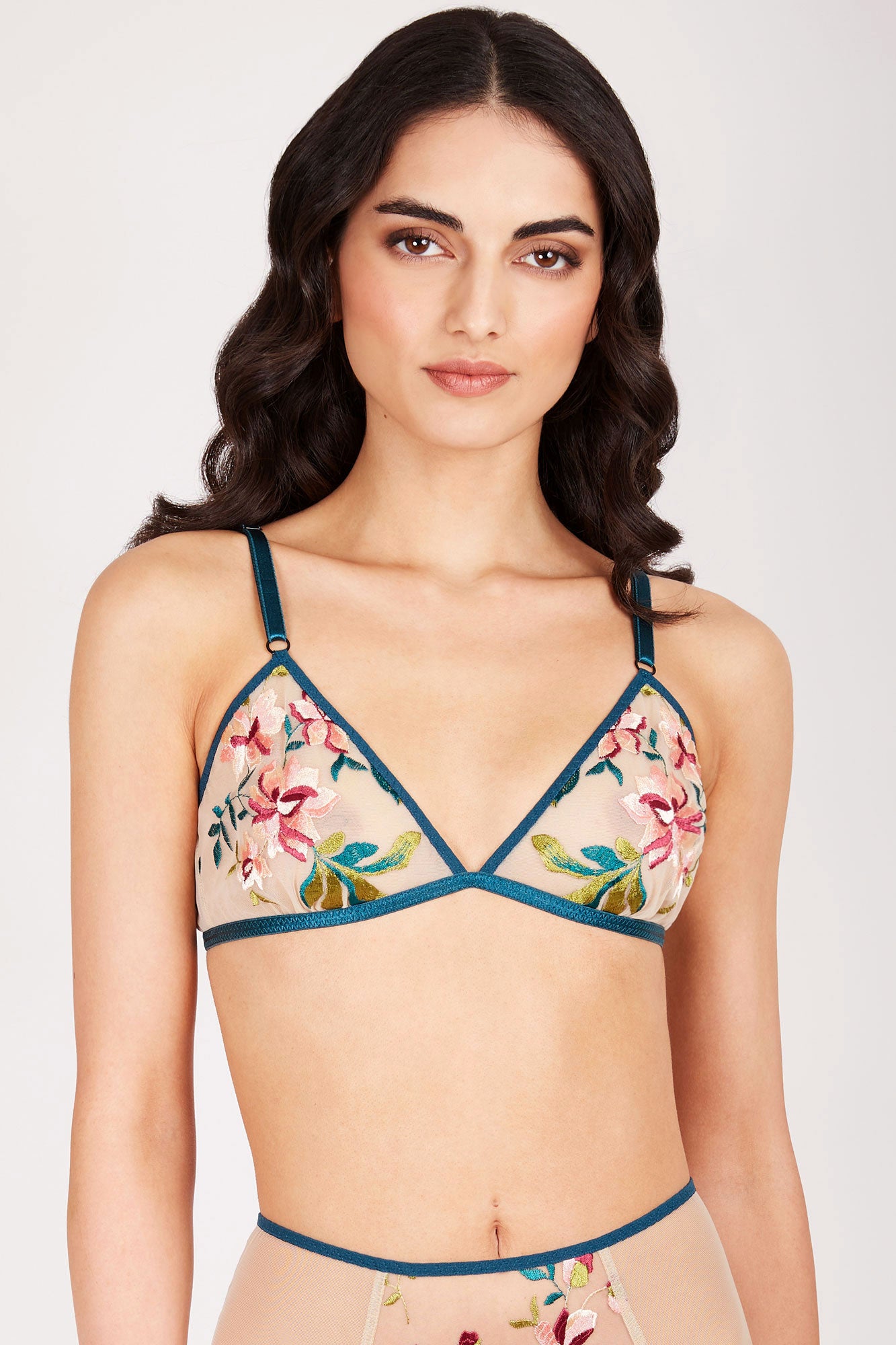 Camellia bralette with floral embroidery over the sheer cups