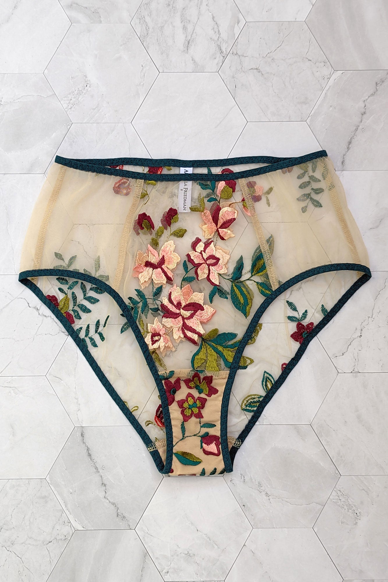 Floral knickers with sheer nude panels and colorful embroidery