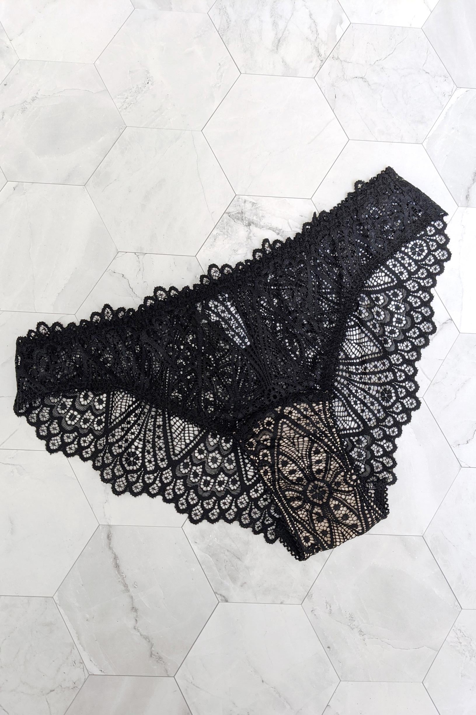 Black lace knickers with a pure silk gusset liner