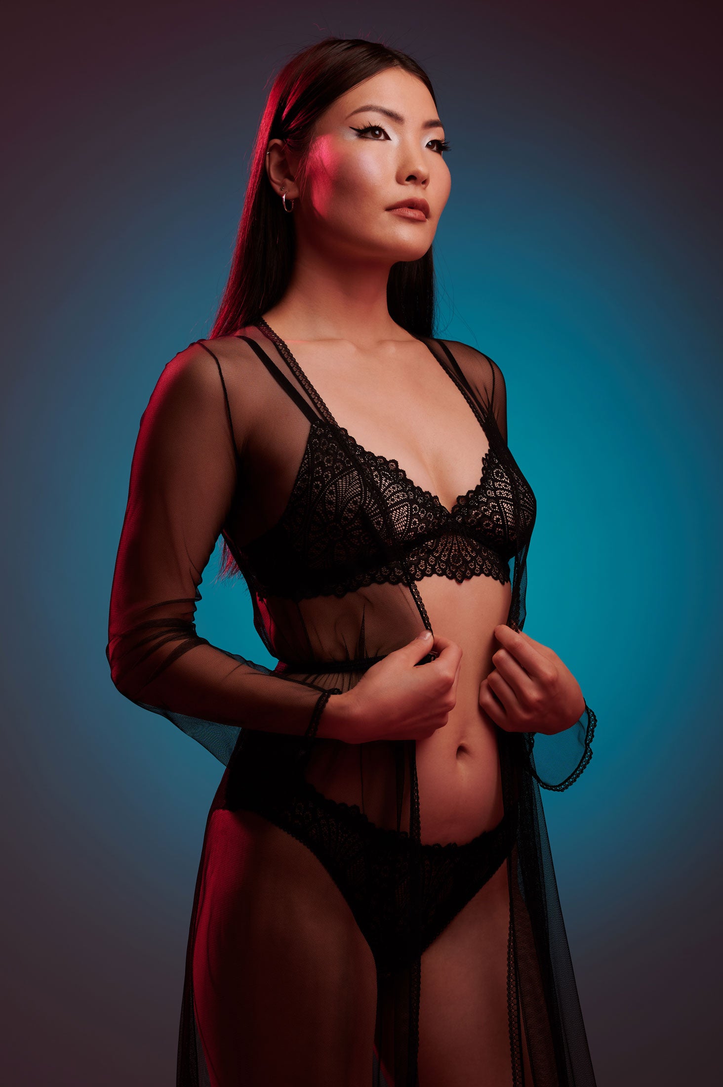 Black lace lingerie set with a sheer tulle dressing gown