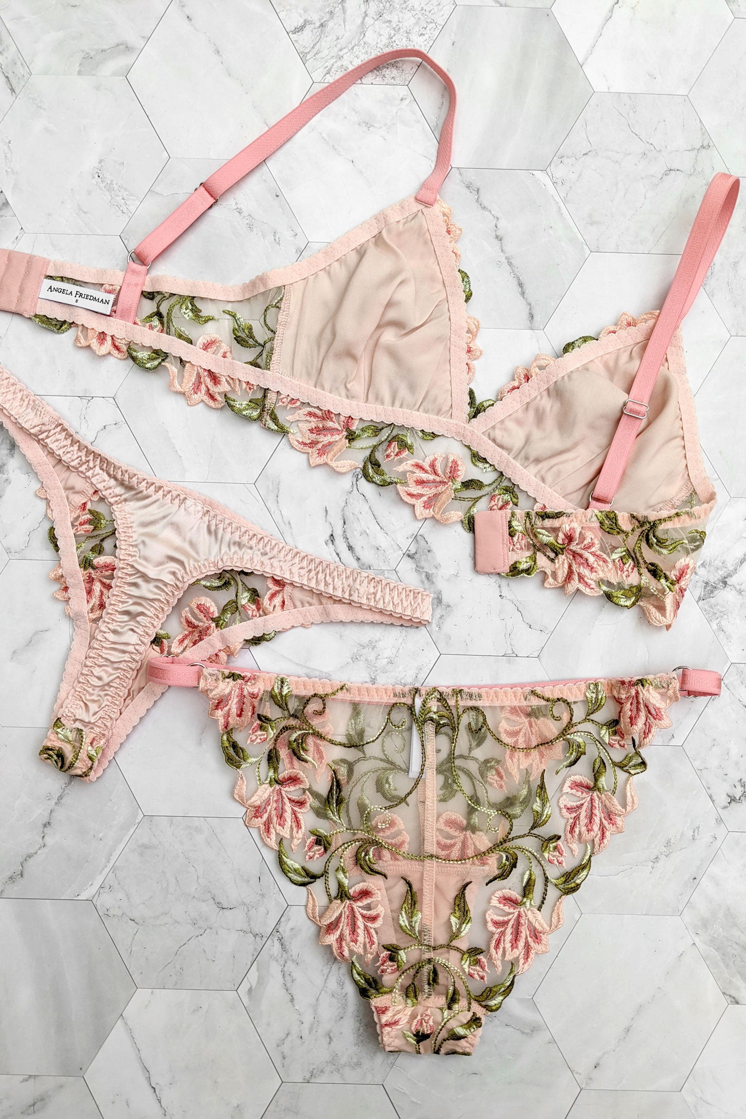 3 piece designer lingerie set in pink silk and embroidered flowers