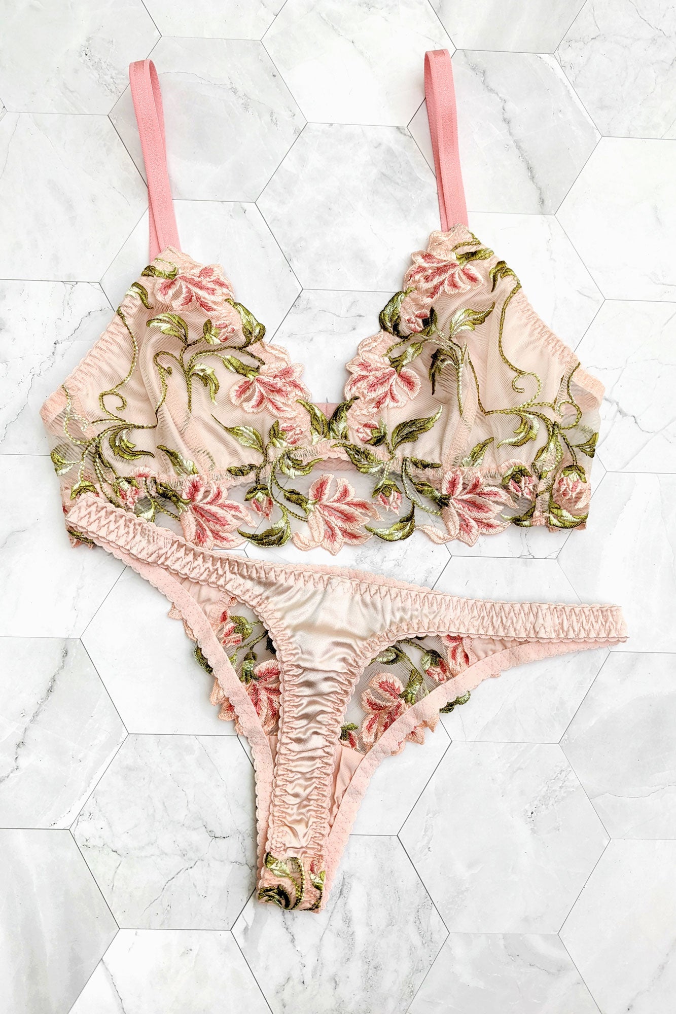 Luxury bra and thong panty set, handmade in silk and stretch mesh embroidery