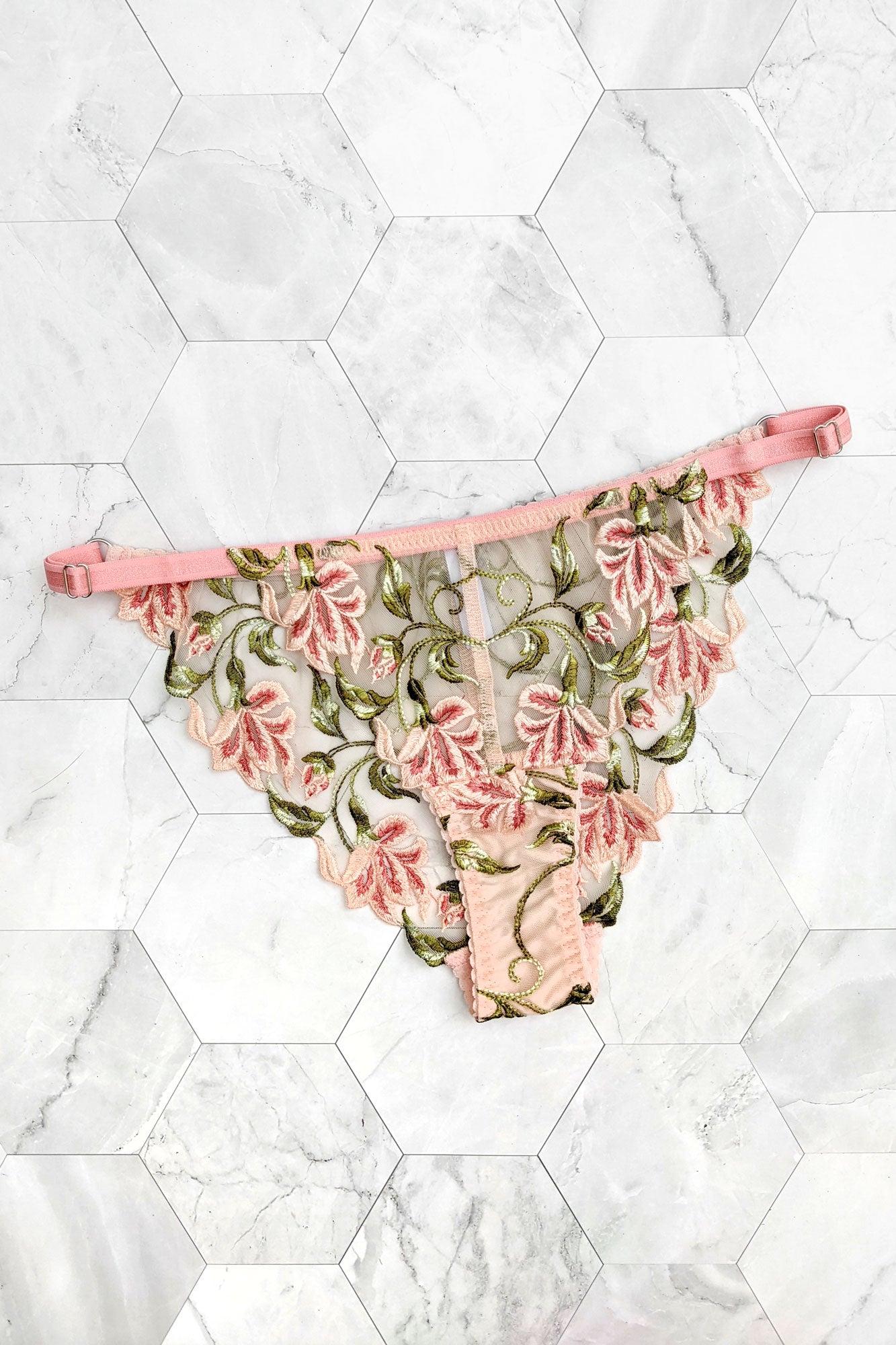 Embroidered panties with pink flowers and green vines