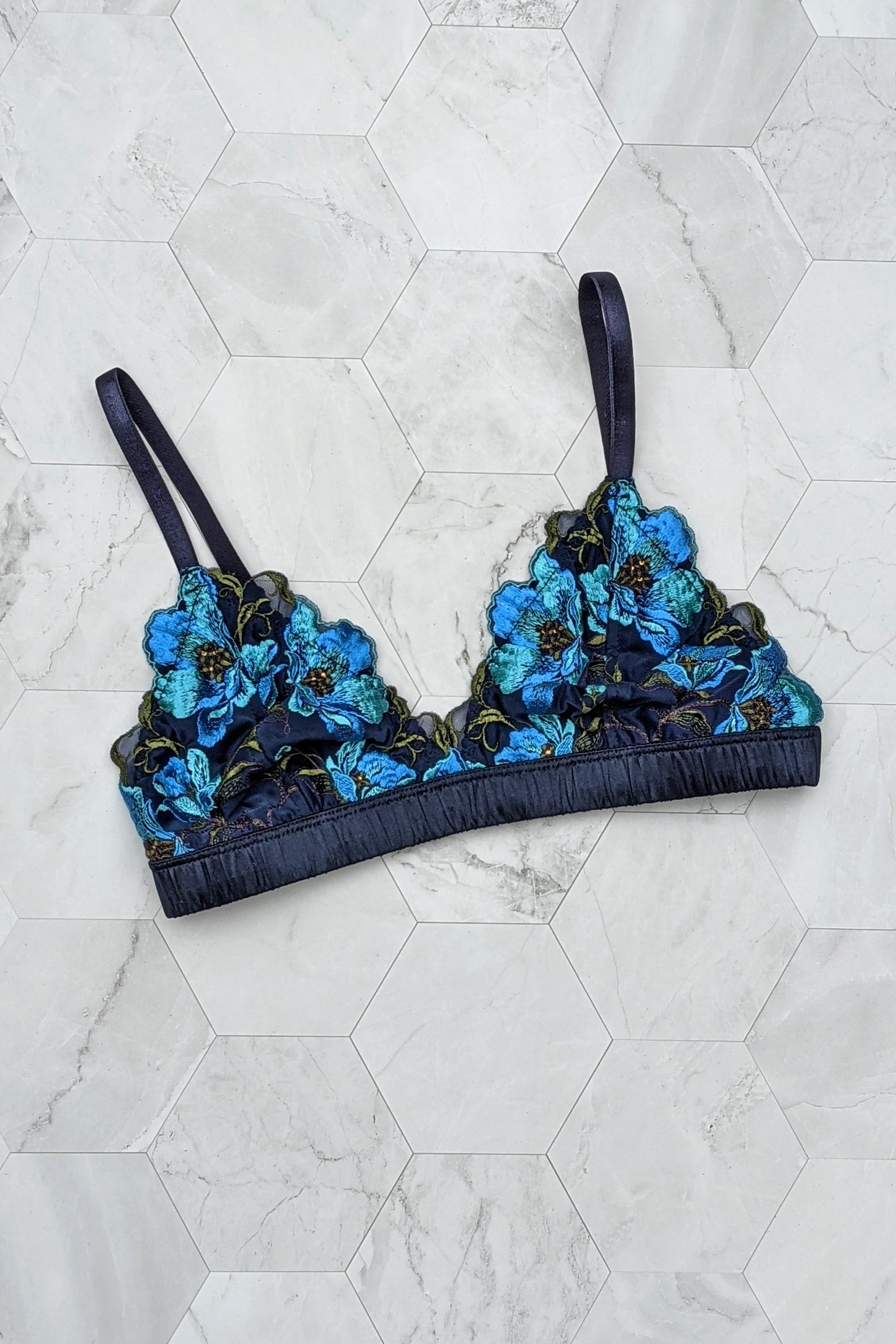 Blue silk bralette with floral embroidery and crystals