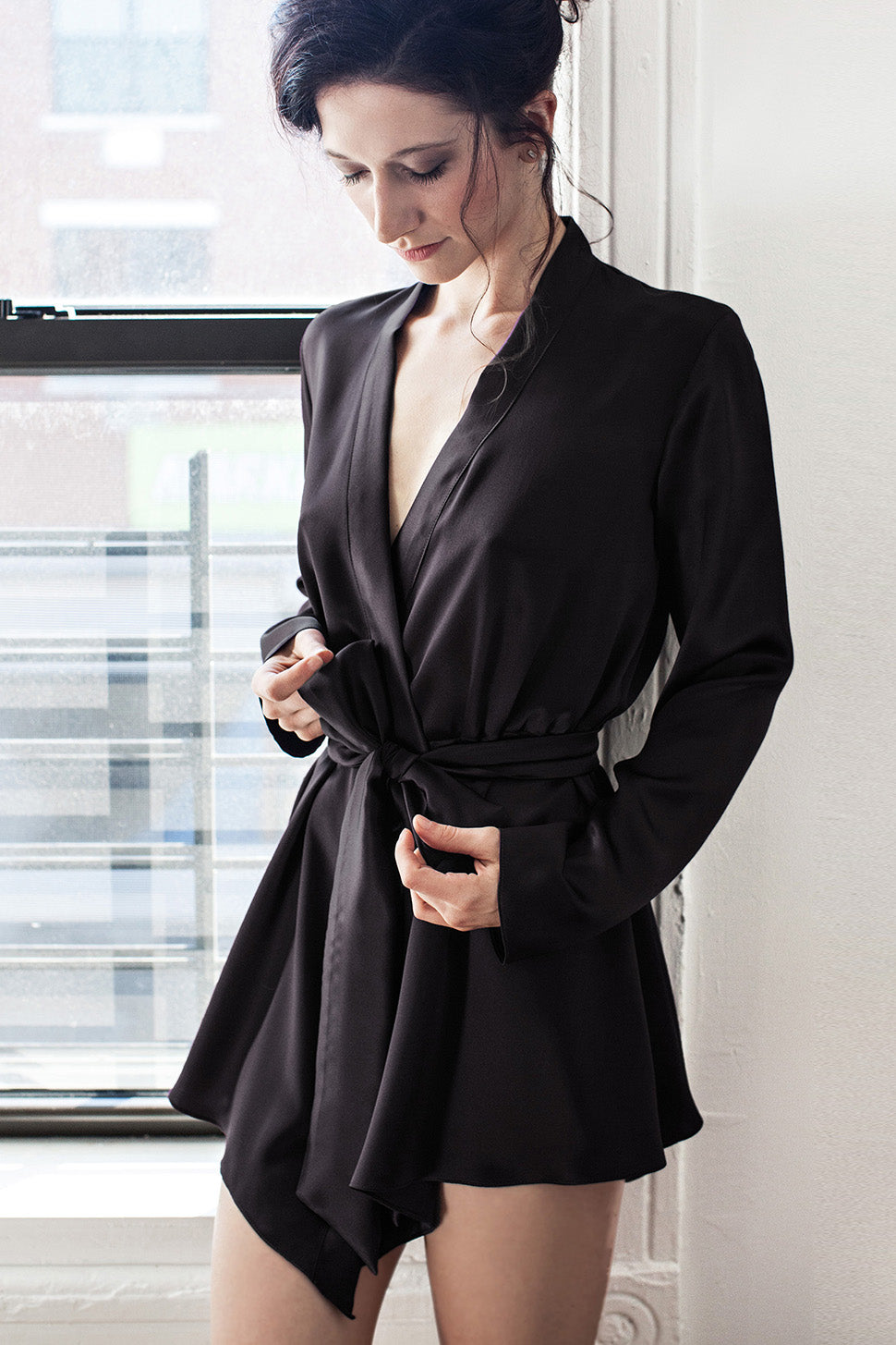 Luxury black satin robe in 100% pure silk