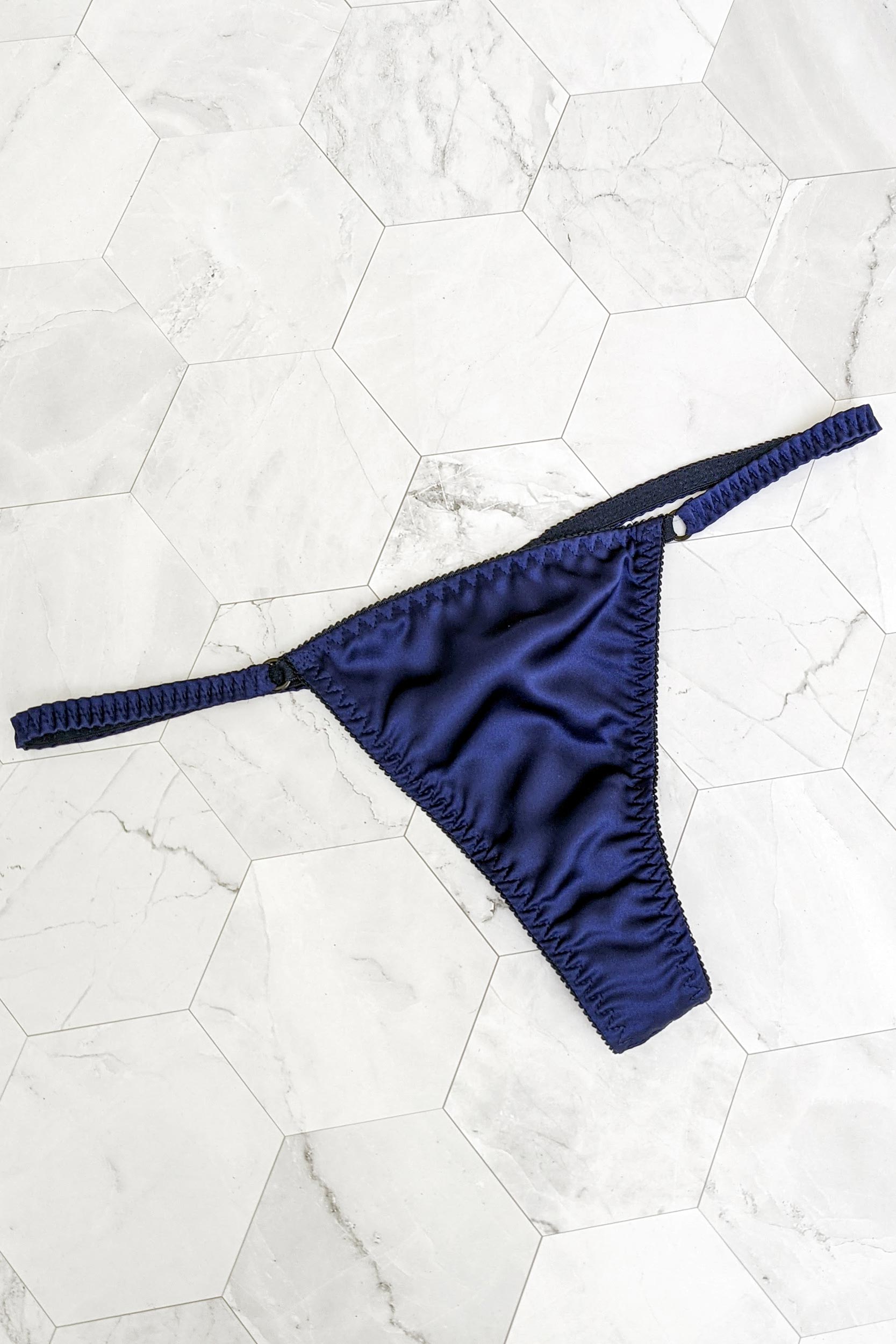 Luxury thong panties in navy blue silk satin